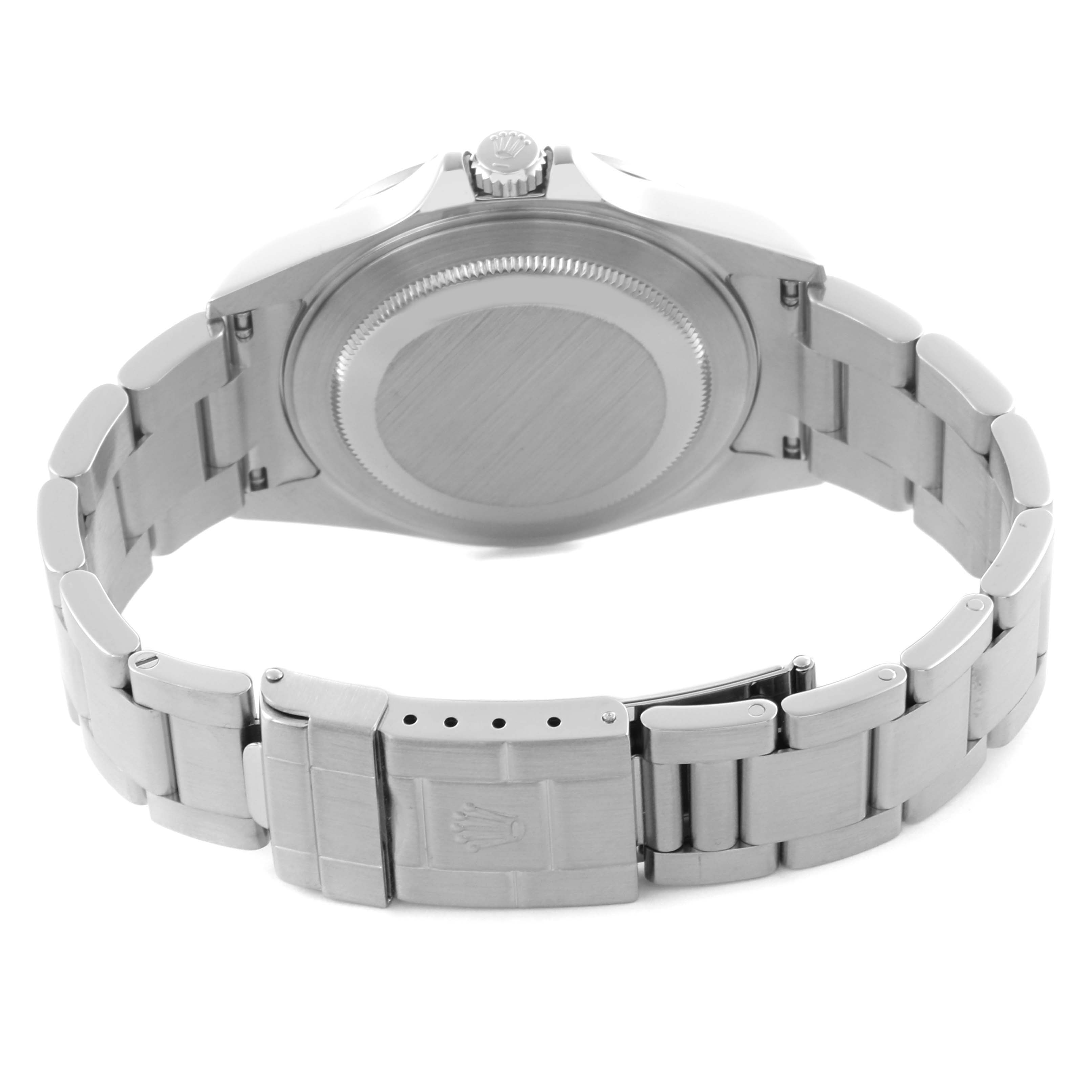 The image shows the back of the Rolex Explorer 16570 Men's Stainless Steel White Dial 16570 Men's Stainless Steel White Dial watch, highlighting the bracelet, clasp, and case back.