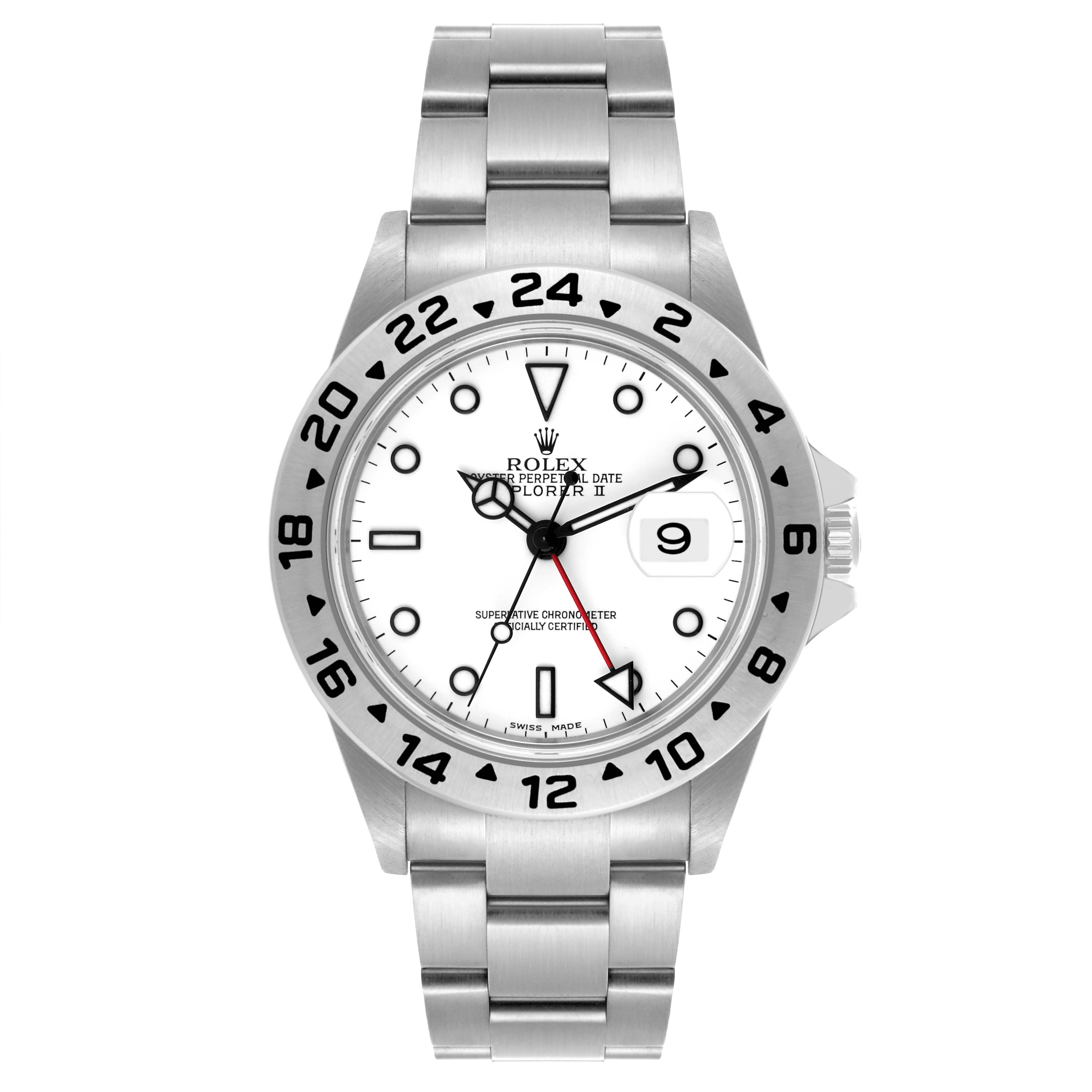 The Rolex Explorer 16570 Men's Stainless Steel White Dial 16570 Men's Stainless Steel White Dial model is shown from a front angle, displaying the dial, bezel, and bracelet.