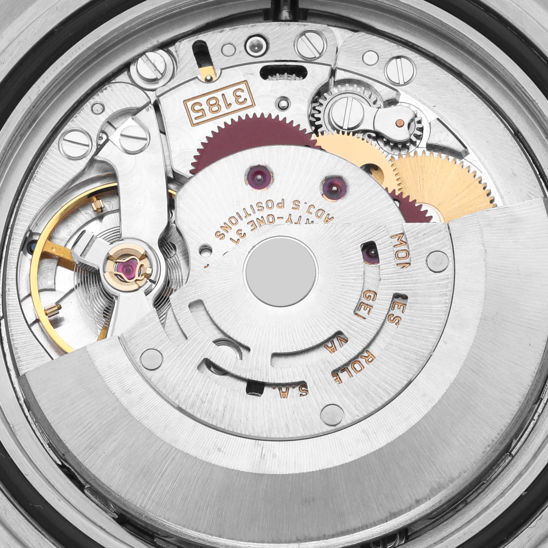 The image shows the movement mechanism of the Rolex Explorer 16570 Men's Stainless Steel White Dial 16570 Men's Stainless Steel White Dial watch, highlighting gears and components.