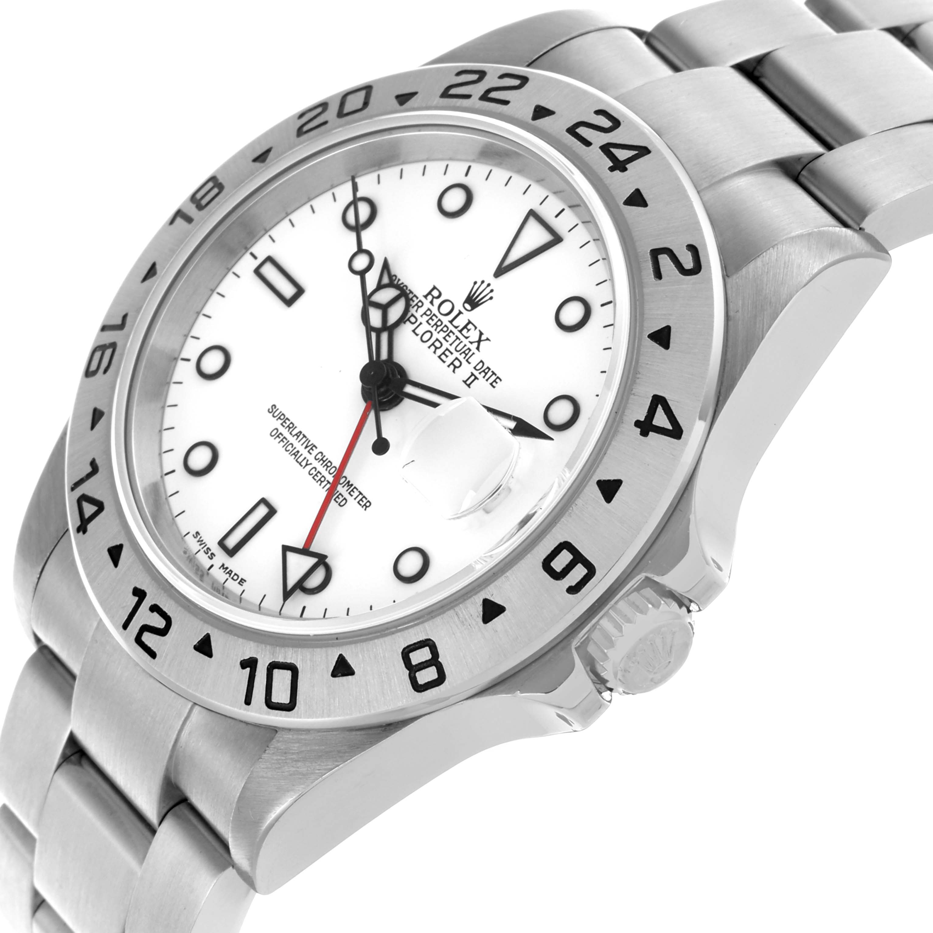 The image shows a Rolex Explorer 16570 Men's Stainless Steel White Dial 16570 Men's Stainless Steel White Dial model at an angled view, highlighting the white dial, bezel, crown, and part of the bracelet.