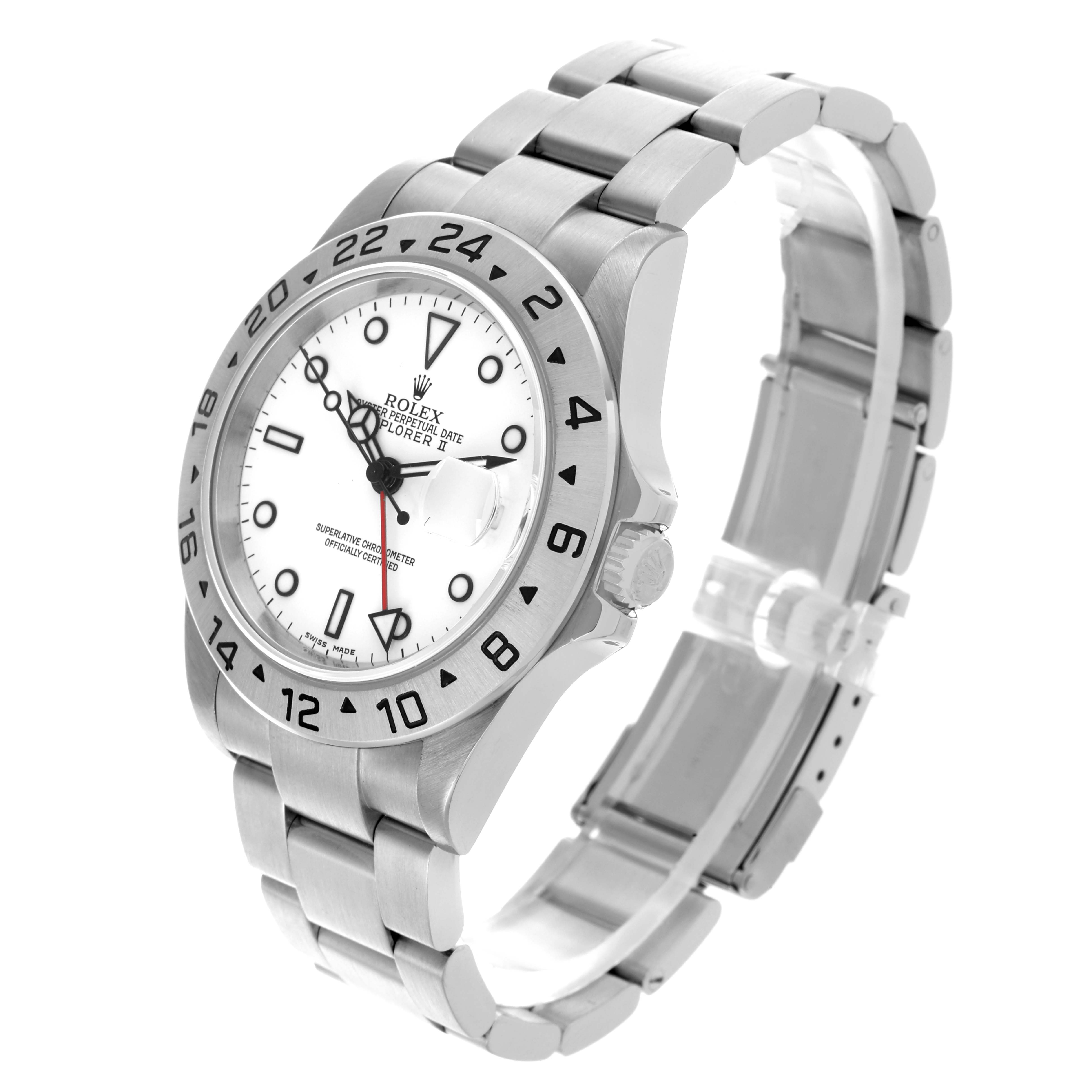 The Rolex Explorer 16570 Men's Stainless Steel White Dial 16570 Men's Stainless Steel White Dial watch is shown at an angled view displaying the face, bezel, and bracelet.