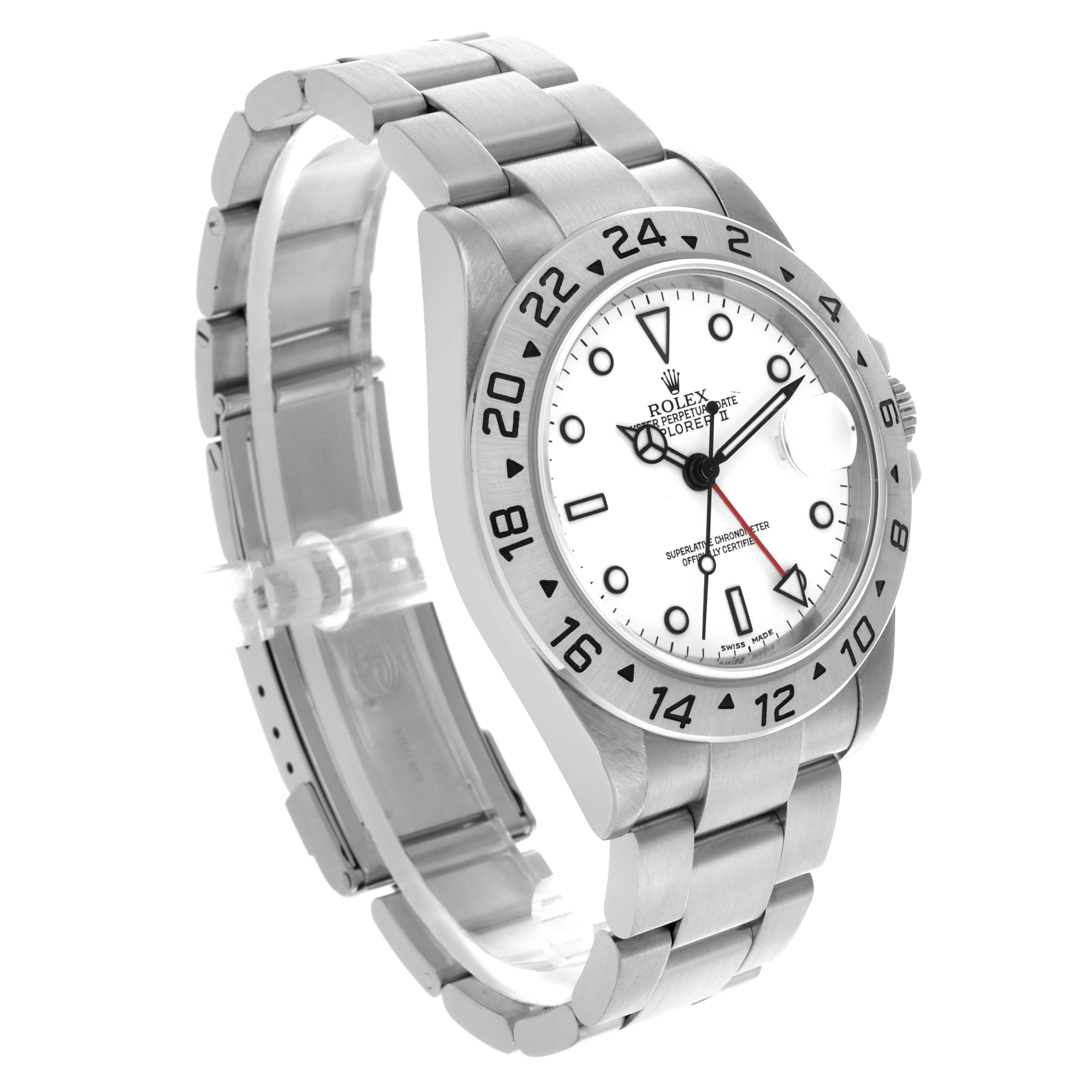 The Rolex Explorer 16570 Men's Stainless Steel White Dial 16570 Men's Stainless Steel White Dial watch is shown at an angled side view, highlighting its face, bezel, bracelet, and crown.