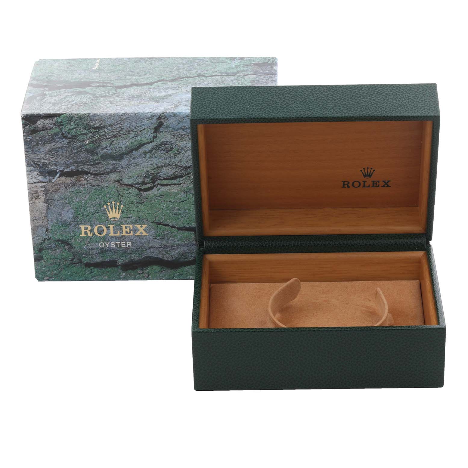 The image shows an open Rolex Explorer 16570 Men's Stainless Steel White Dial 16570 Men's Stainless Steel White Dial box, revealing its interior with a watch cushion and outer packaging.