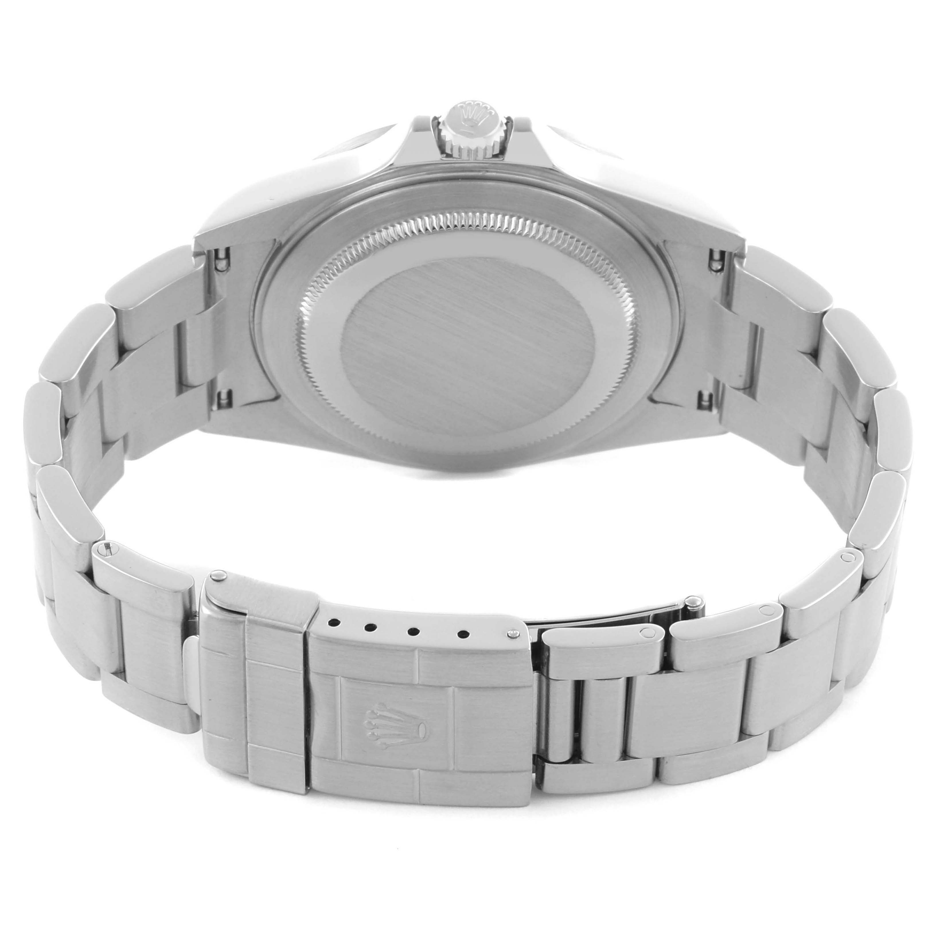 The image shows the back view of a Rolex Explorer 16570 Men's Stainless Steel White Dial 16570 Men's Stainless Steel White Dial, highlighting the bracelet and clasp.