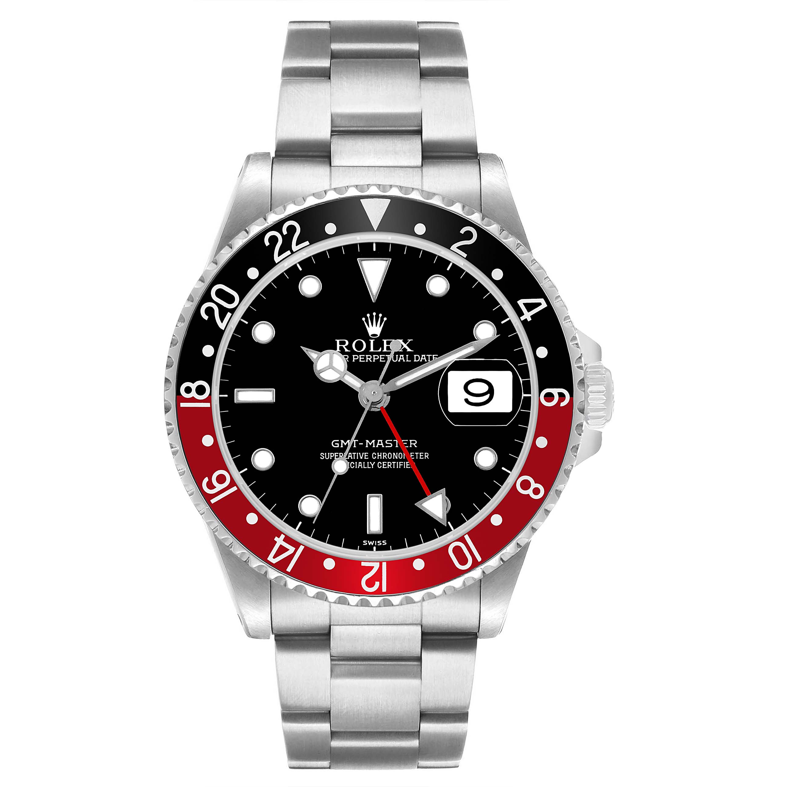 The Rolex GMT-Master 16700 Men's Stainless Steel Black Dial watch is shown from a top-down angle, highlighting the bezel, dial, bracelet, and date window.