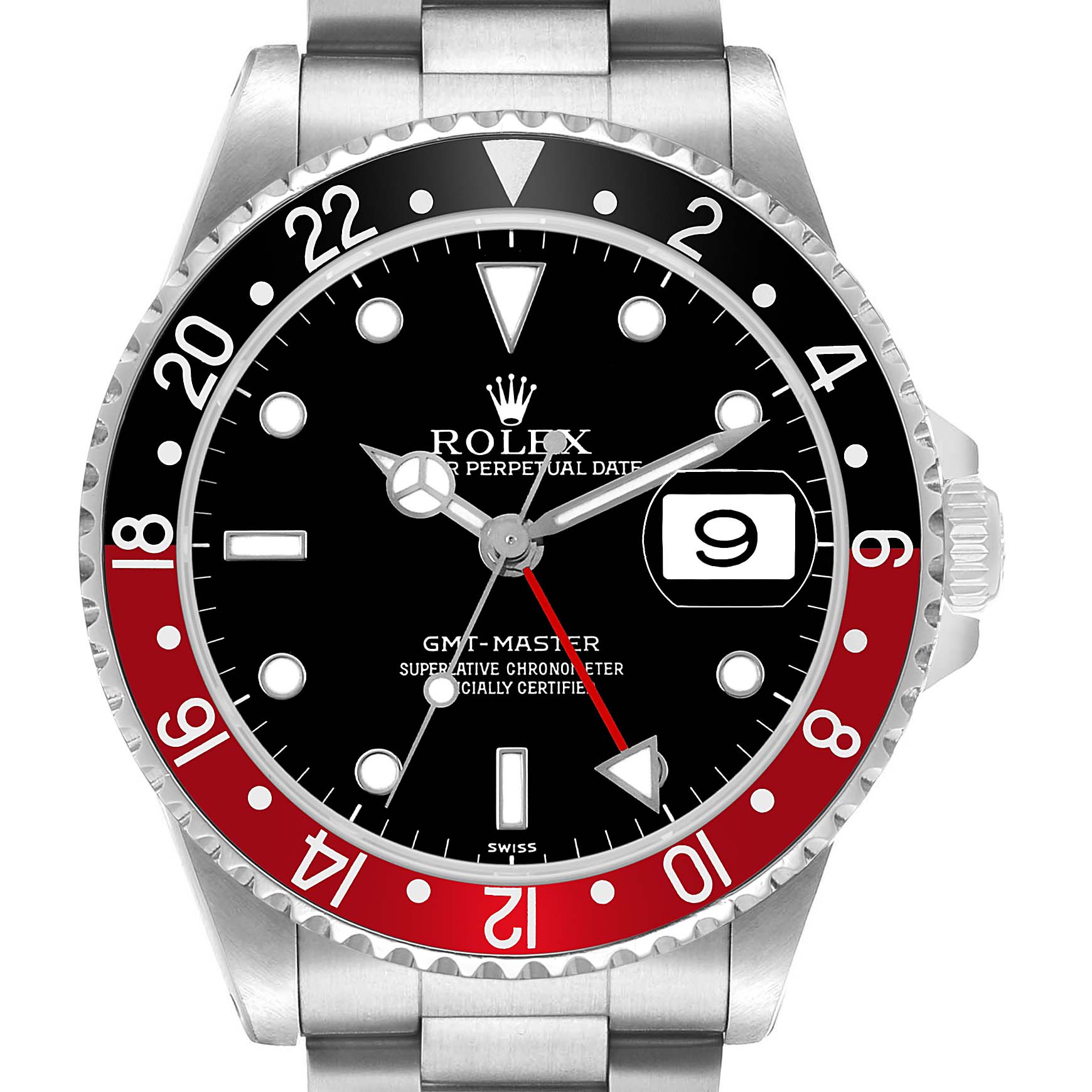 The Rolex GMT-Master 16700 Men's Stainless Steel Black Dial watch is shown head-on, displaying its bezel, dial, and hands prominently.