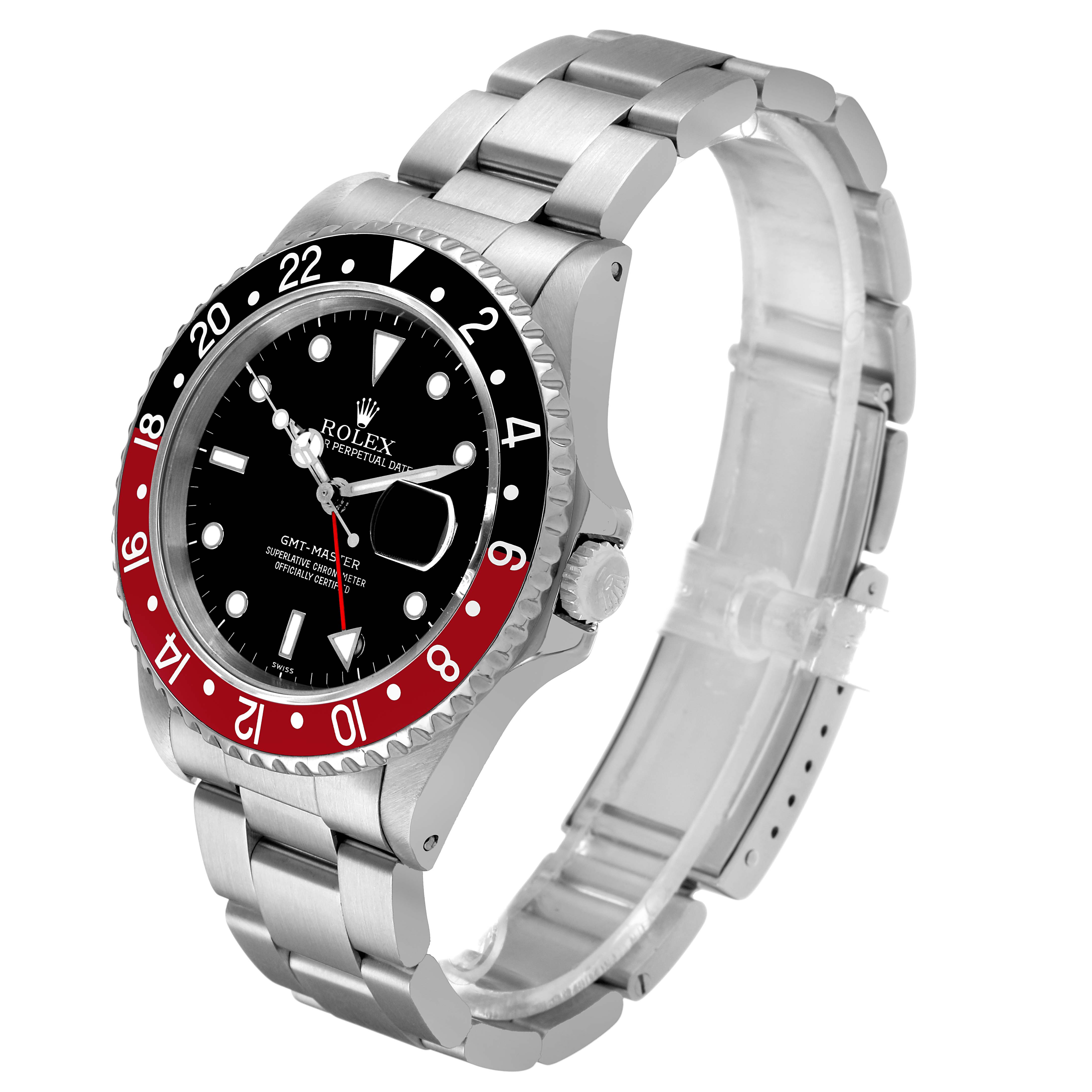 The Rolex GMT-Master 16700 Men's Stainless Steel Black Dial watch is shown at a three-quarter angle, highlighting the bezel, dial, crown, and stainless steel bracelet.