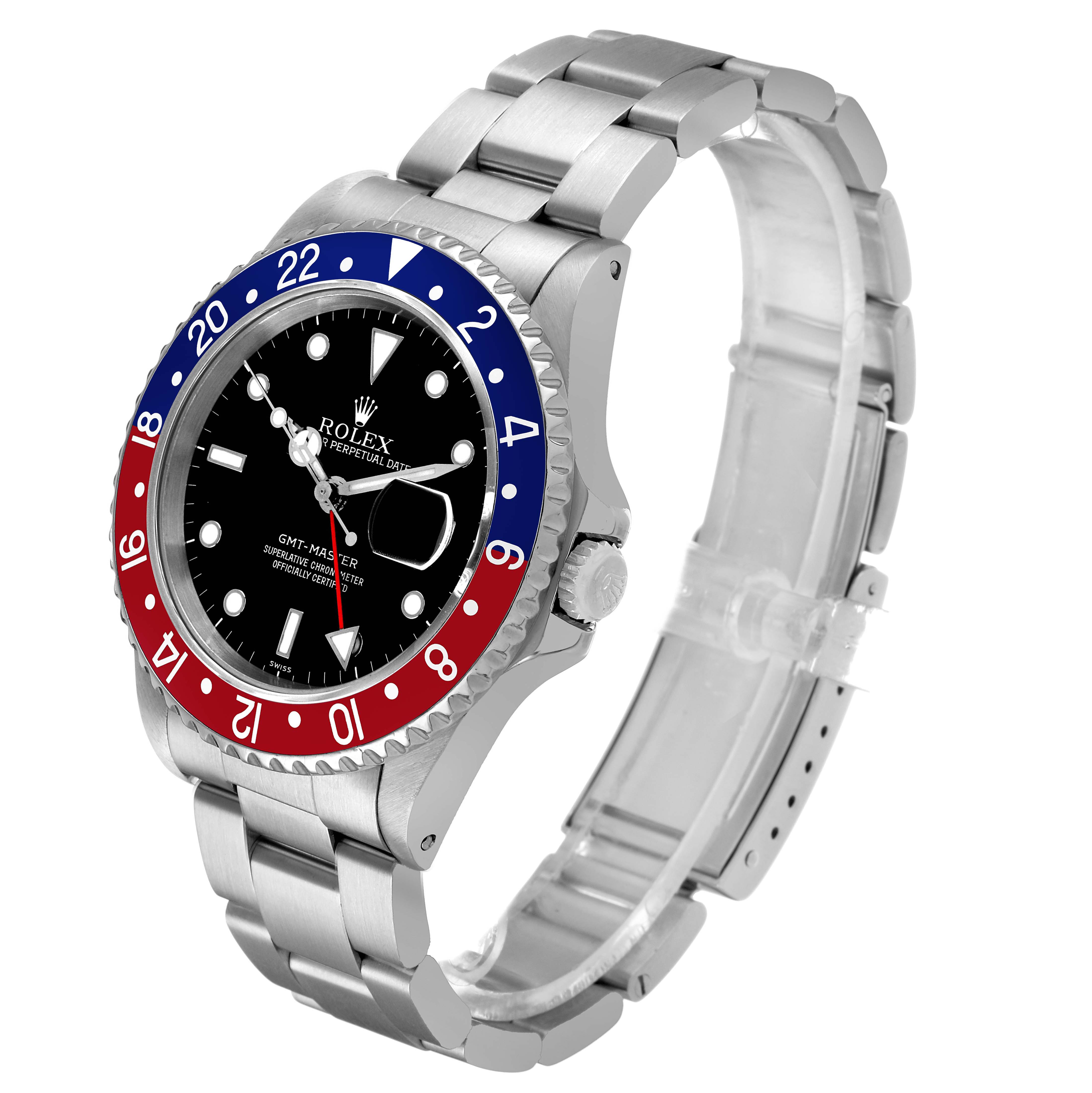 The Rolex GMT-Master 16700 Men's Stainless Steel Black Dial watch is shown at a three-quarter angle, displaying its bezel, dial, case, crown, and bracelet.