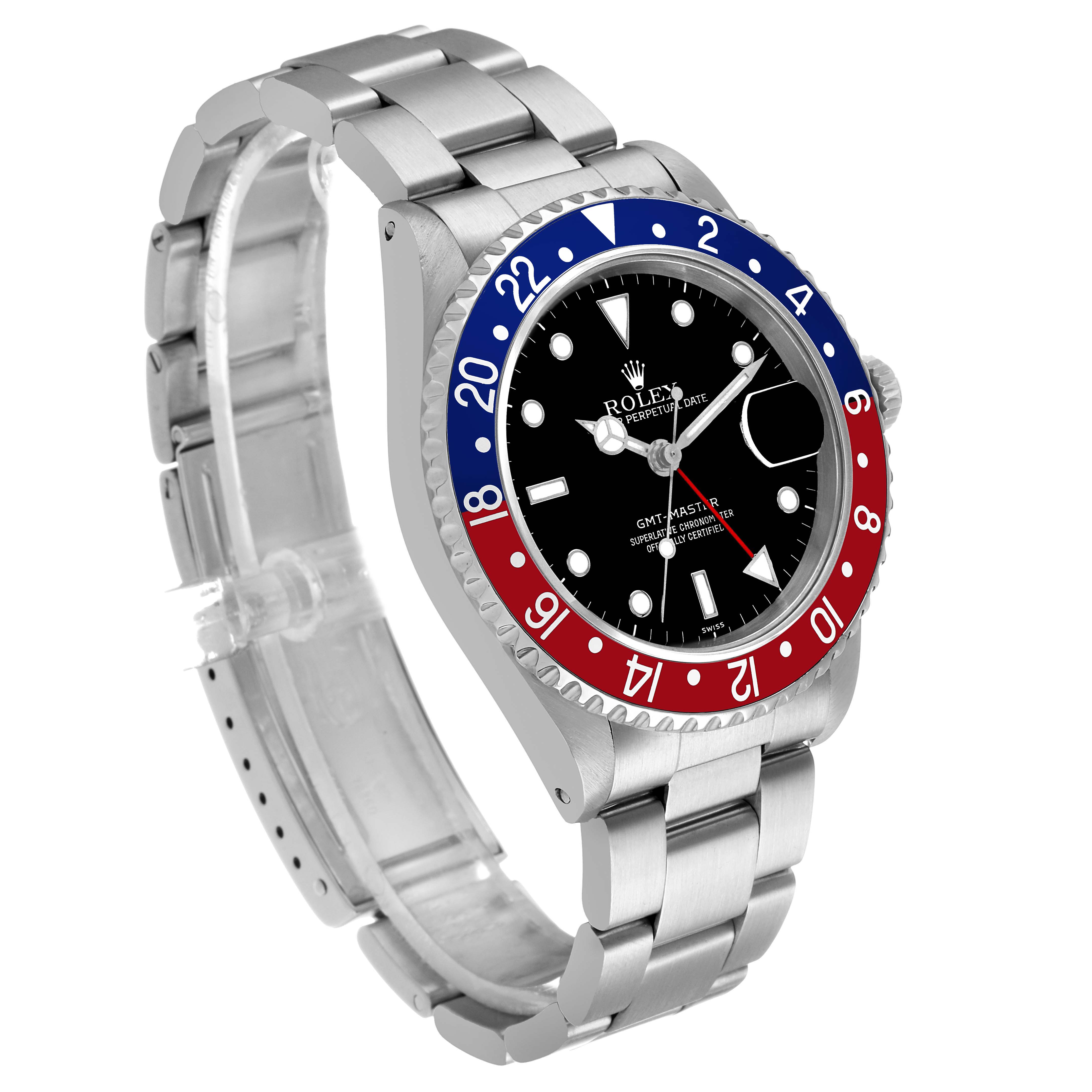 The Rolex GMT-Master 16700 Men's Stainless Steel Black Dial watch is shown at an angle displaying the bezel, dial, and bracelet.