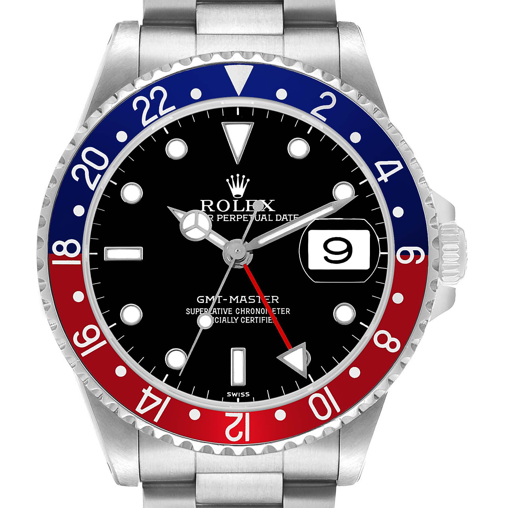 The Rolex GMT-Master 16700 Men's Stainless Steel Black Dial watch is shown from the front, displaying the bezel, dial, and date magnifier.