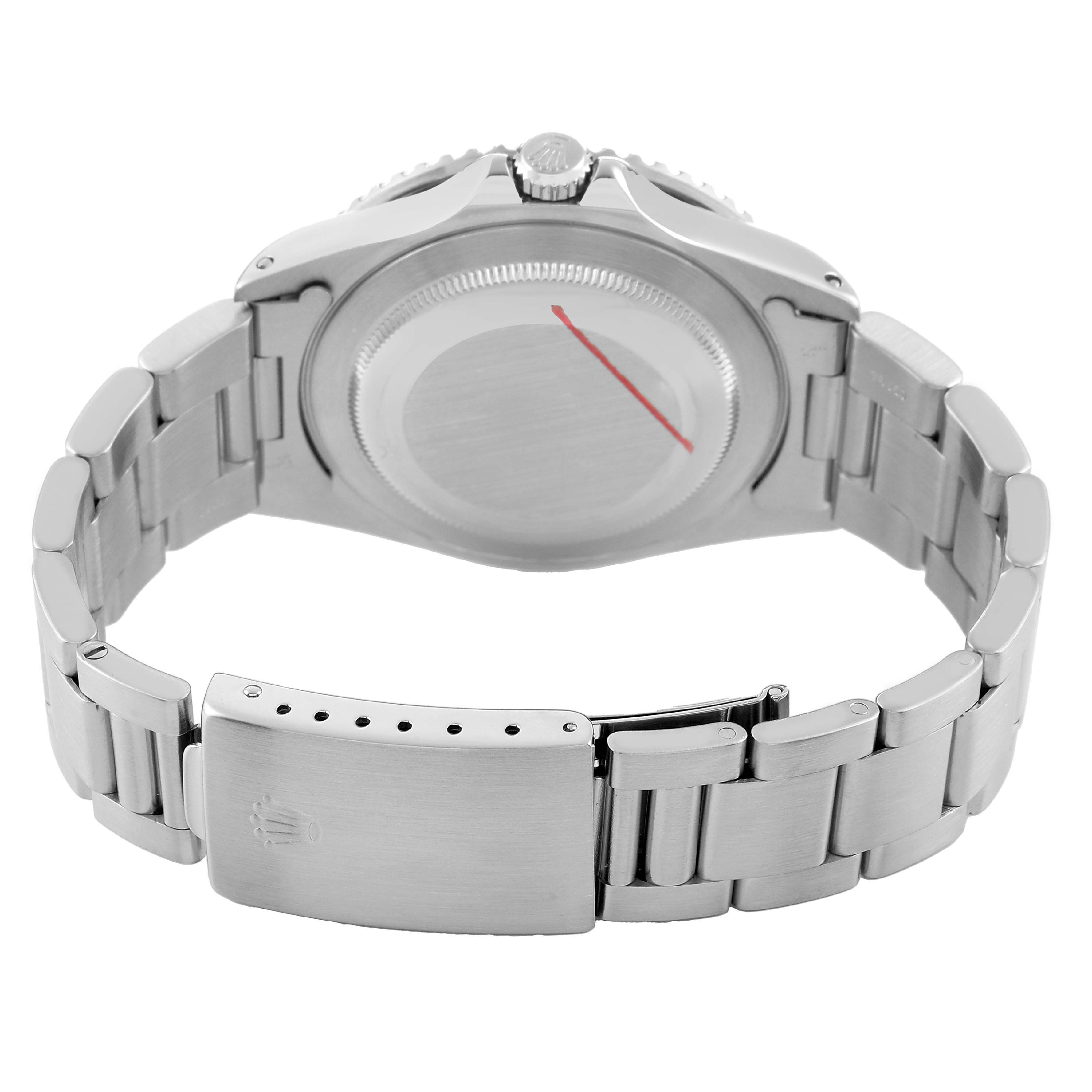 The image shows the back view of a Rolex GMT-Master 16700 Men's Stainless Steel Black Dial watch, highlighting the case back and stainless steel bracelet with clasp.