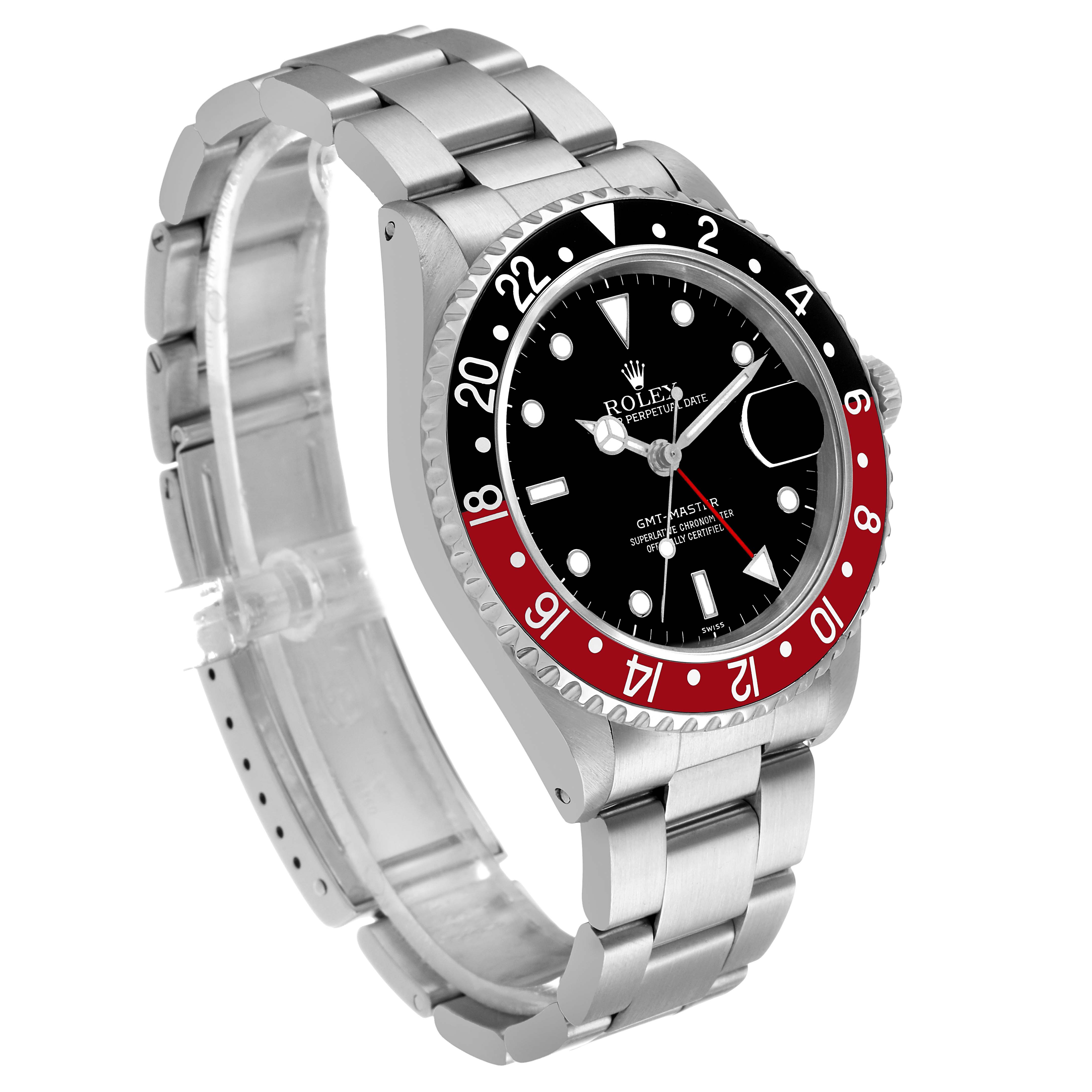 The Rolex GMT-Master 16700 Men's Stainless Steel Black Dial watch is shown at an angled side view highlighting the bezel, bracelet, and face.