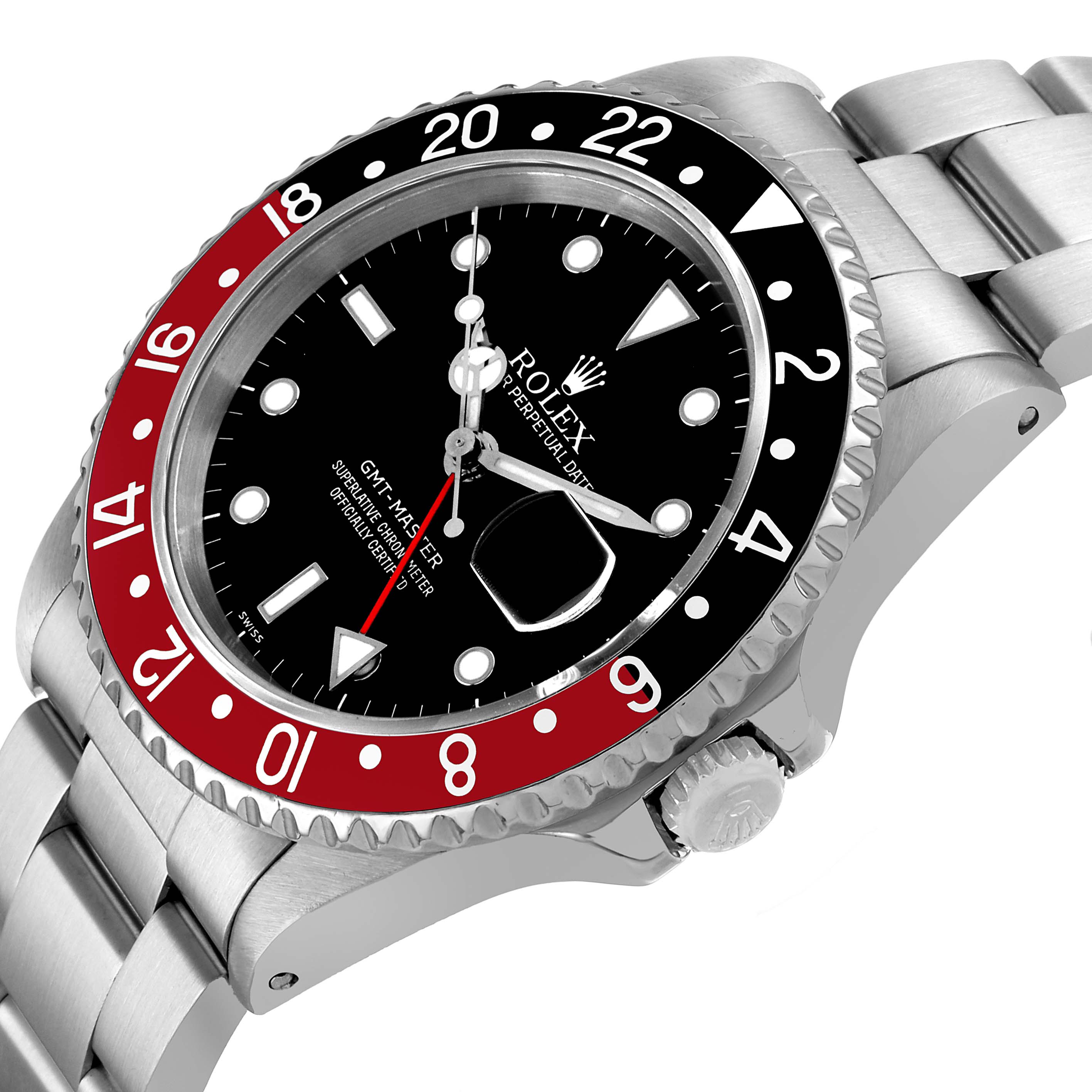 The Rolex GMT-Master 16700 Men's Stainless Steel Black Dial watch is shown at a tilted angle highlighting the bezel, crown, face, and part of the bracelet.