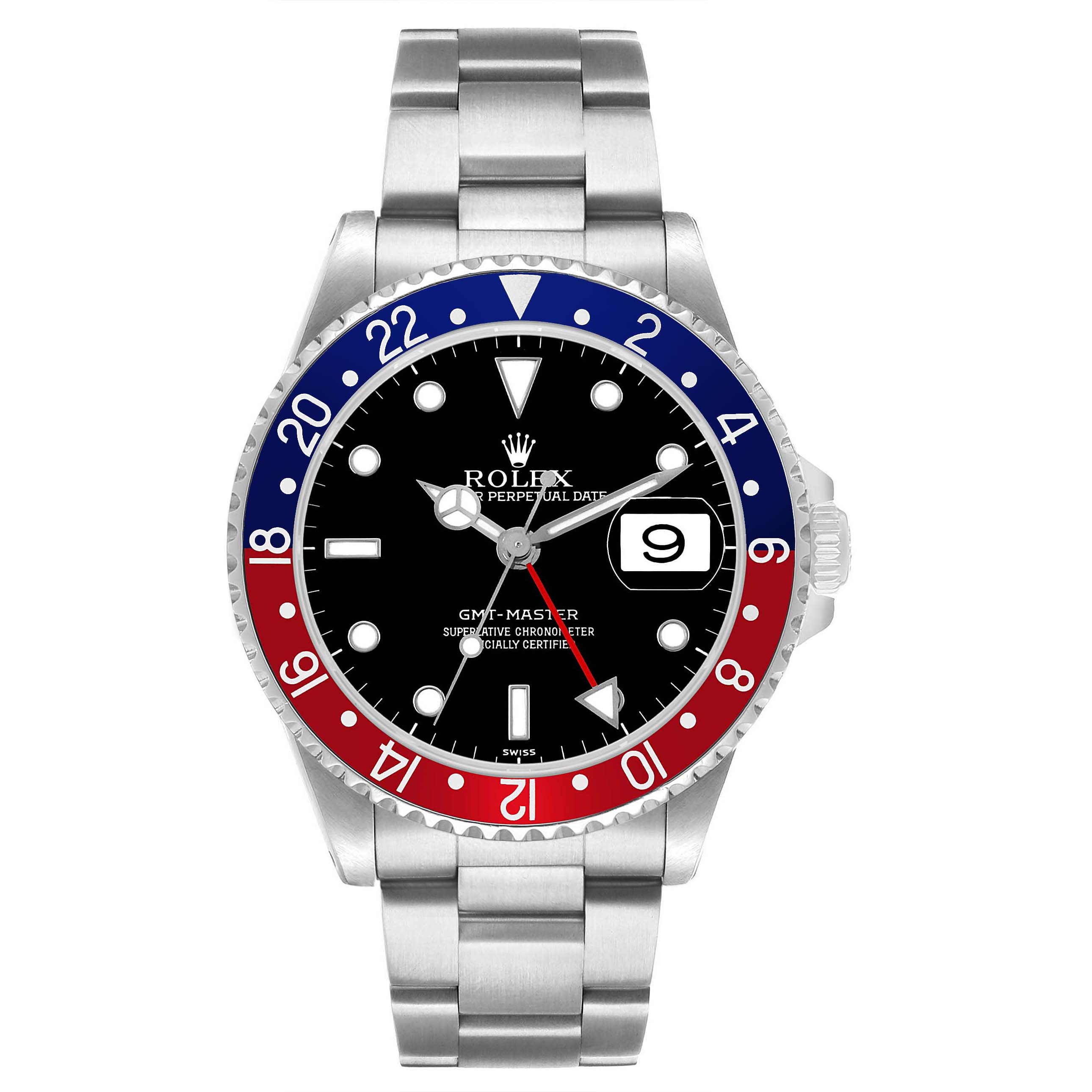 The Rolex GMT-Master 16700 Men's Stainless Steel Black Dial watch is shown from the front, highlighting its dial, bezel, and bracelet.