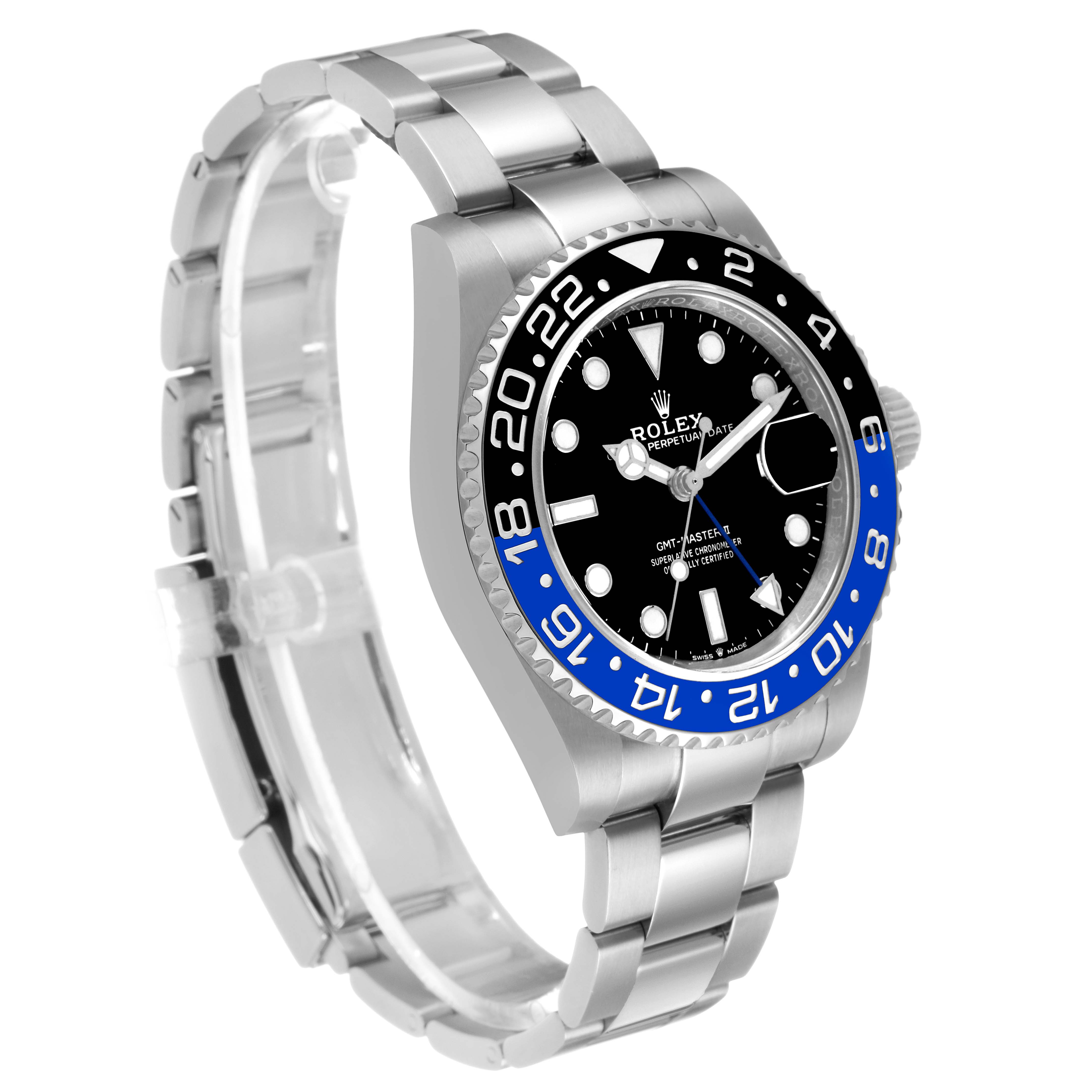 The watch, a Rolex GMT-Master 126710 Men's Stainless Steel Black Dial model, is shown at a three-quarter angle displaying the face, bezel, bracelet, and crown.