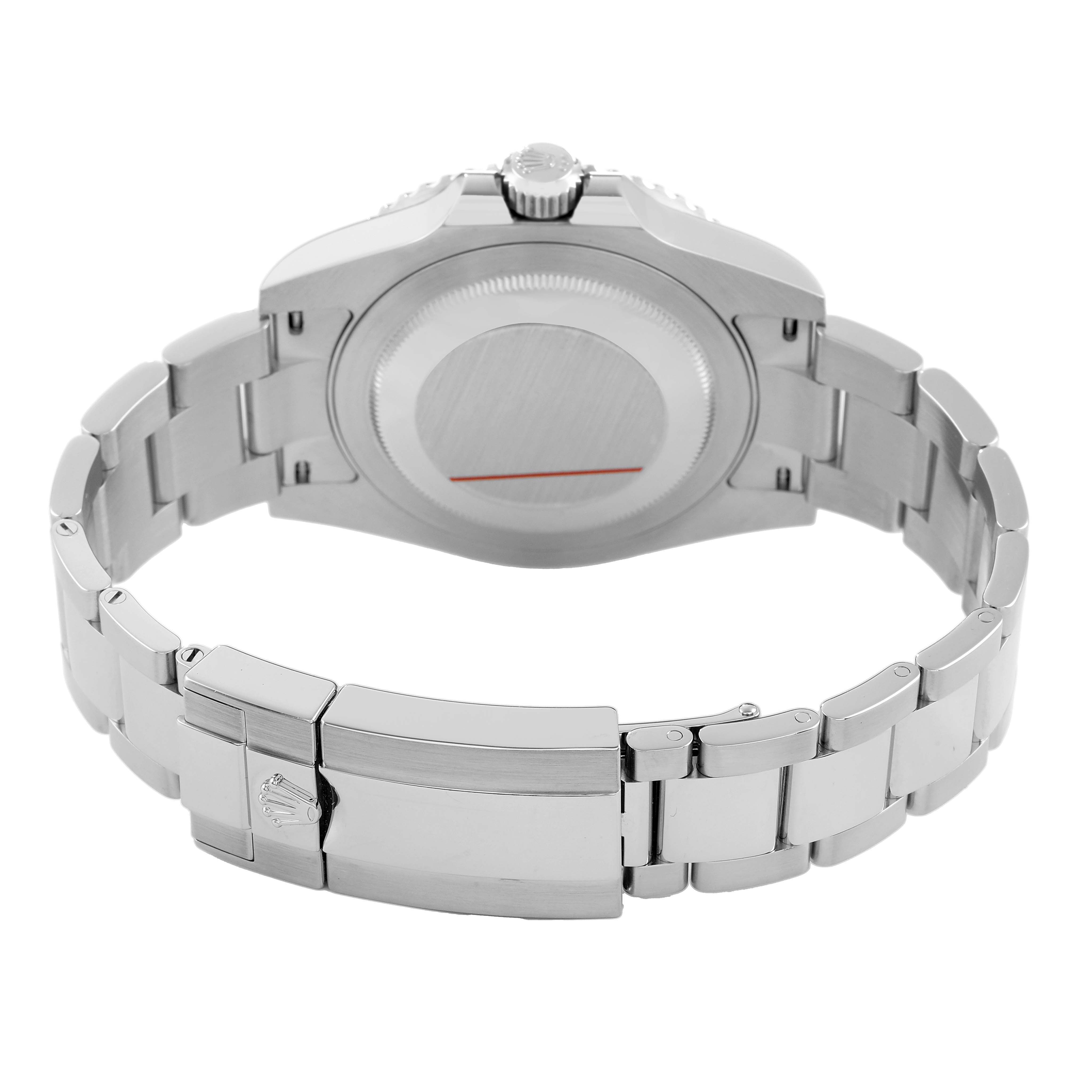 The image shows the back case and bracelet of a Rolex GMT-Master 126710 Men's Stainless Steel Black Dial, highlighting the clasp and stainless steel links.