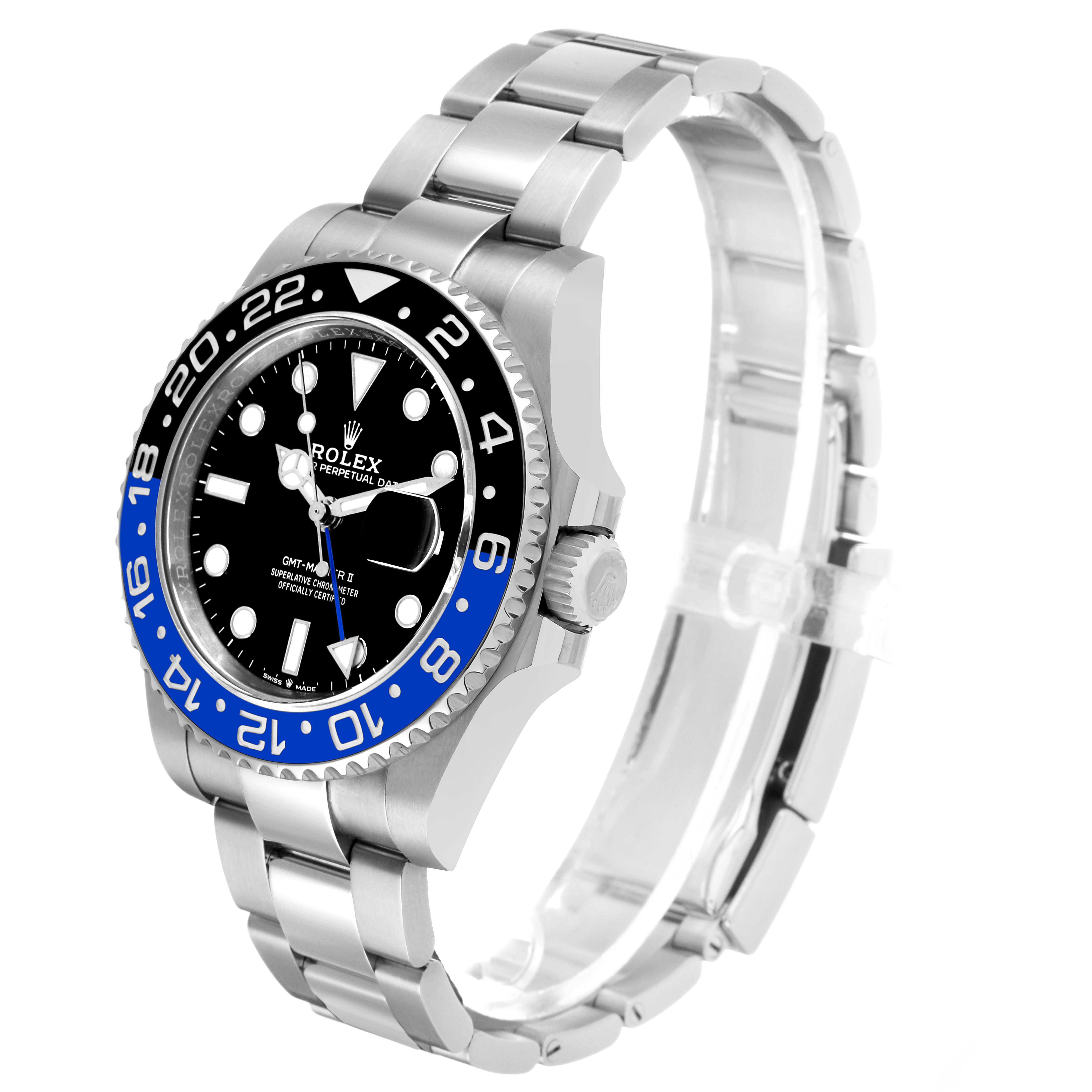 The Rolex GMT-Master 126710 Men's Stainless Steel Black Dial is shown at a slight side angle, displaying the face, bezel, crown, and bracelet.