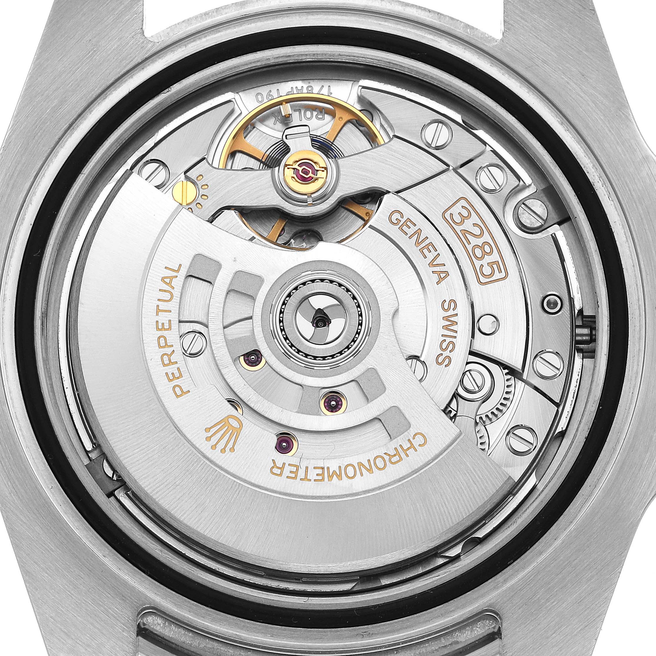 The image shows the intricate movement and rotor of a Rolex GMT-Master 126710 Men's Stainless Steel Black Dial, viewed from the back.