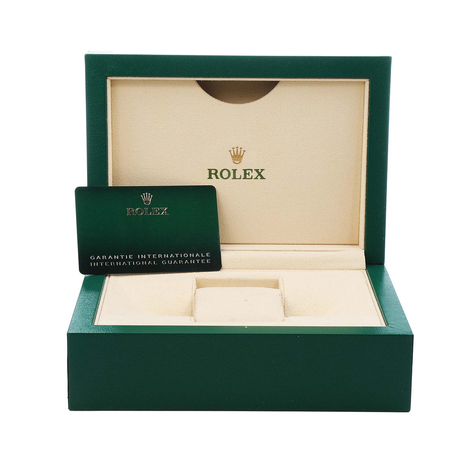 The image shows an open Rolex GMT-Master 126710 Men's Stainless Steel Black Dial watch box with a card for the international guarantee.
