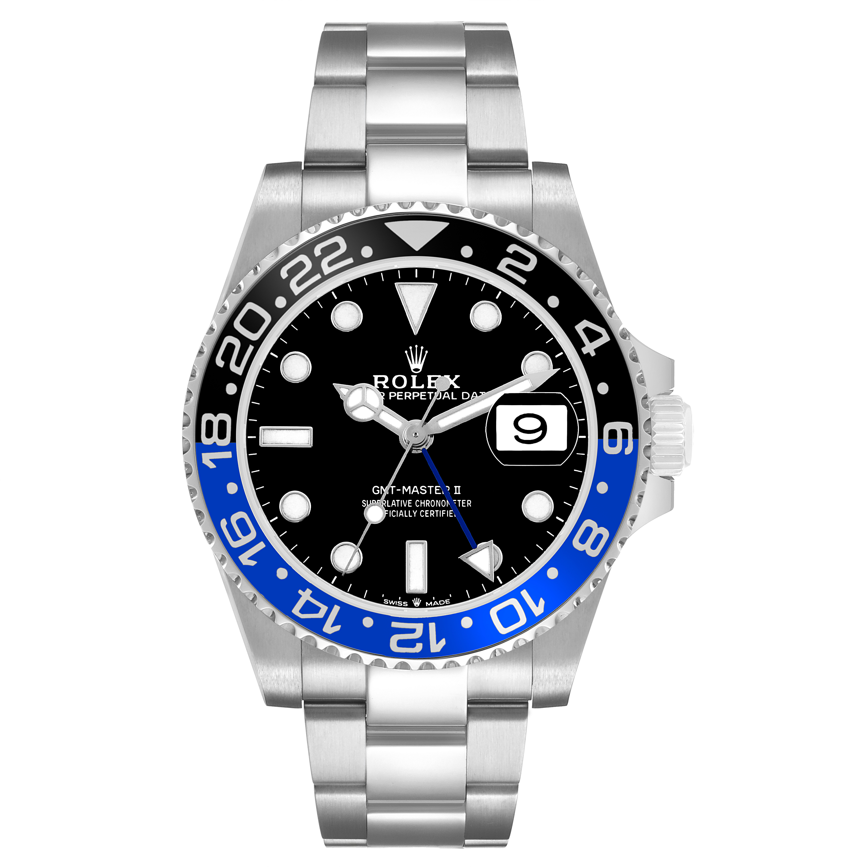 The Rolex GMT-Master 126710 Men's Stainless Steel Black Dial watch is shown from a top-down angle, highlighting its bezel, dial, and bracelet.