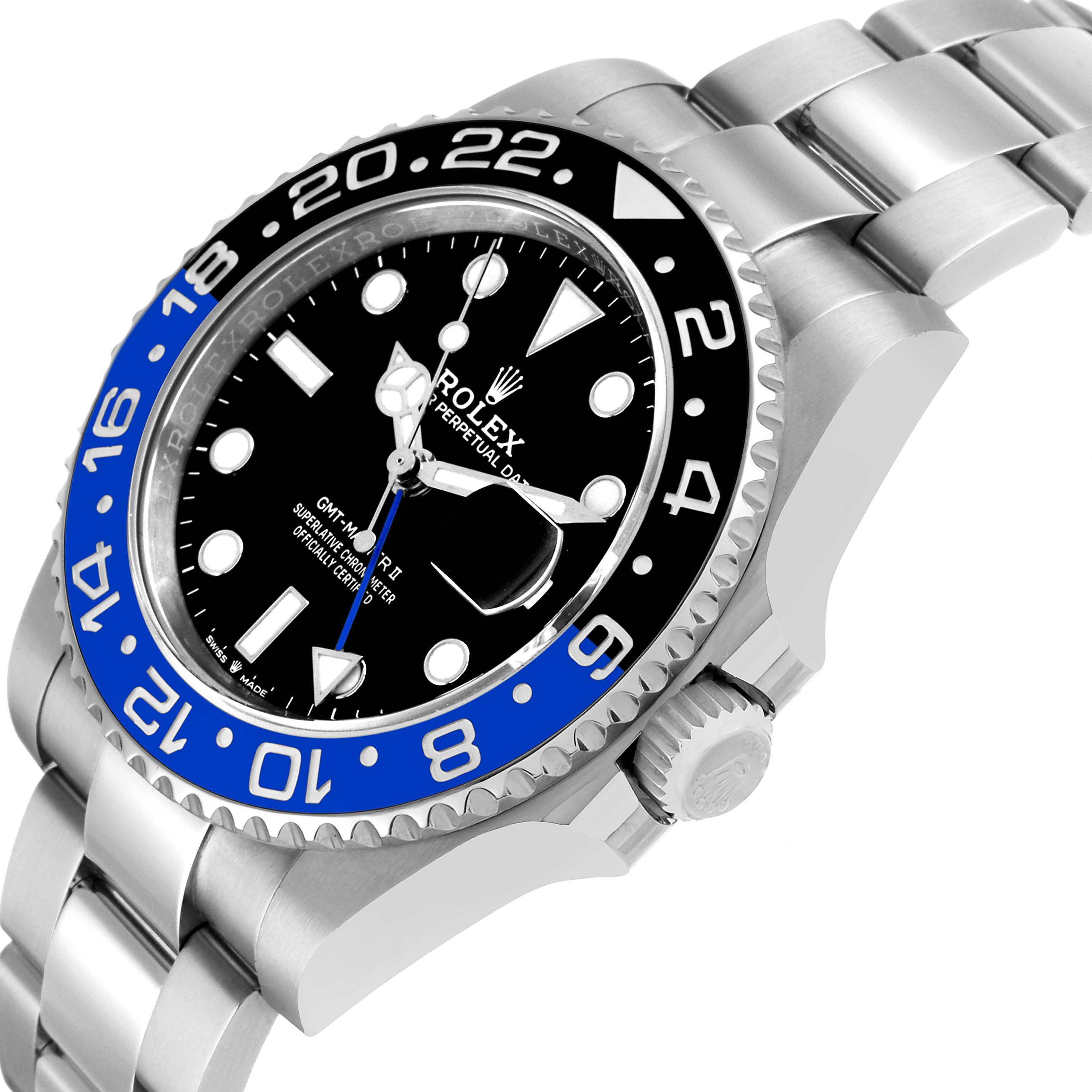 The Rolex GMT-Master 126710 Men's Stainless Steel Black Dial watch is shown at an angled view highlighting the bezel, dial, crown, and part of the bracelet.