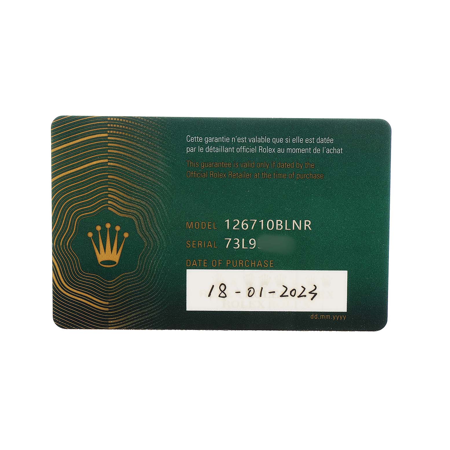 The image shows a warranty card for the Rolex GMT-Master 126710 Men's Stainless Steel Black Dial model, displaying model and serial numbers.