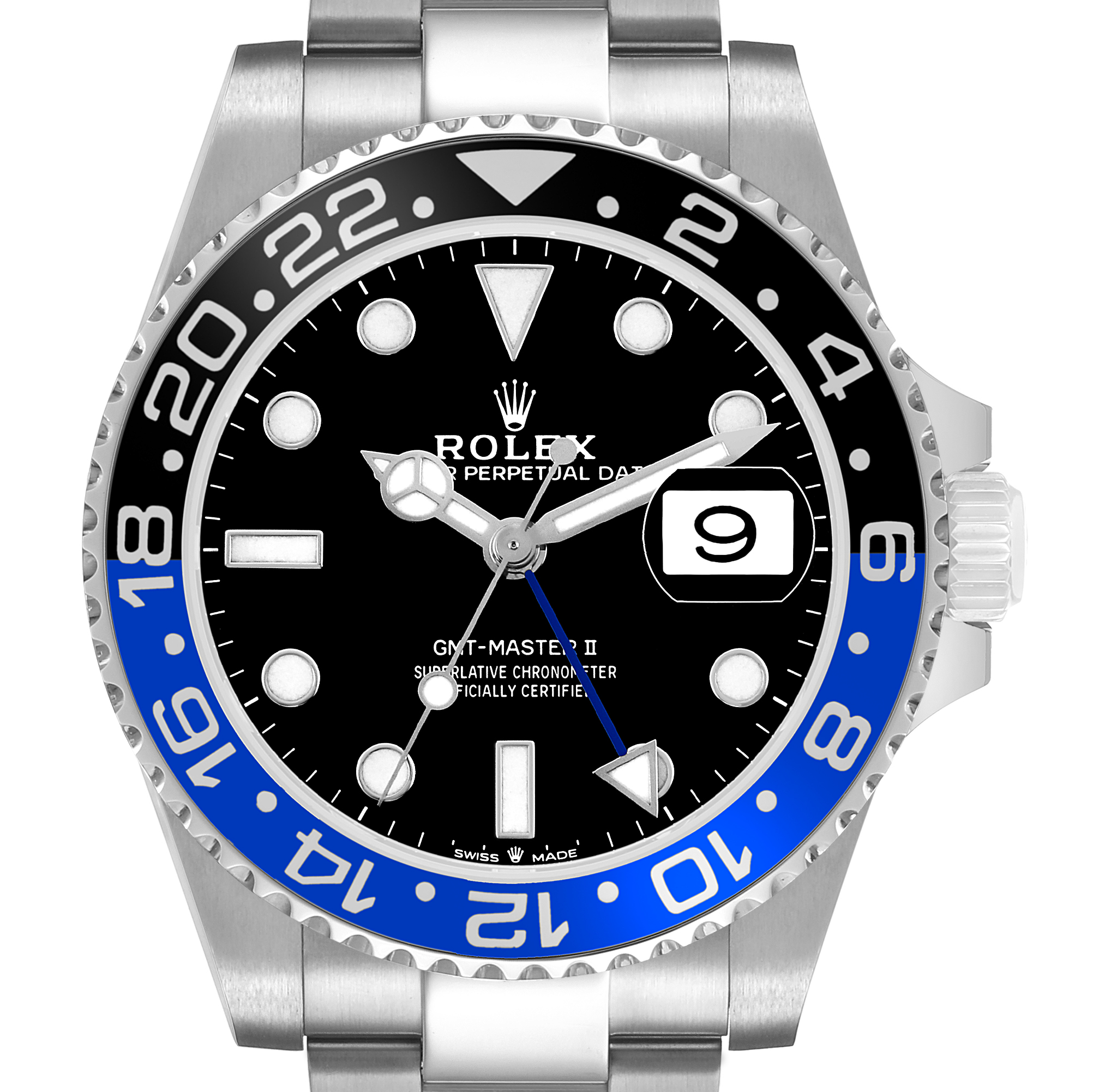 The image shows a front view of a Rolex GMT-Master 126710 Men's Stainless Steel Black Dial II, displaying the dial, bezel, hands, date window, and part of the bracelet.