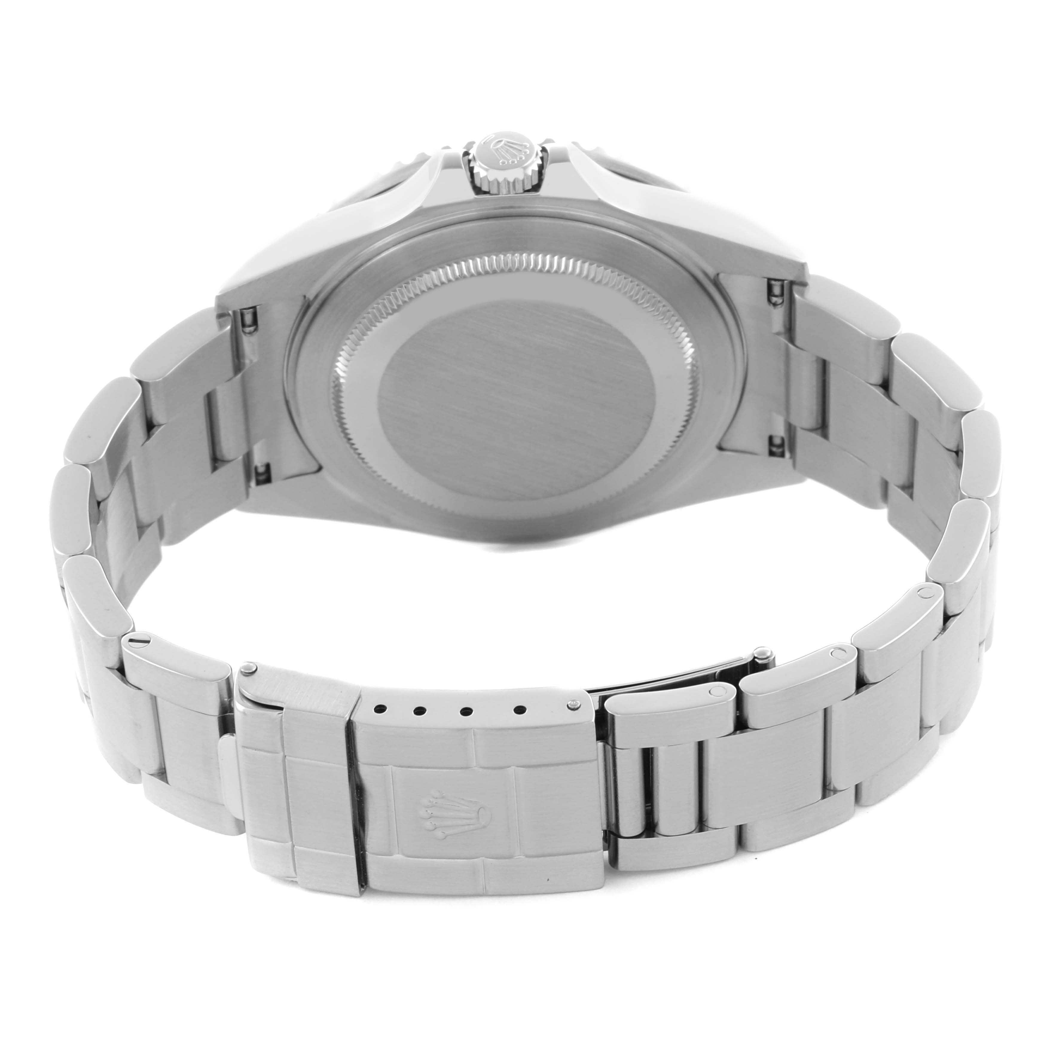 The image shows the back view of a Rolex GMT-Master 16710 Men's Stainless Steel Black Dial 16710 Men's Stainless Steel Black Dial watch, highlighting the case back and bracelet clasp.