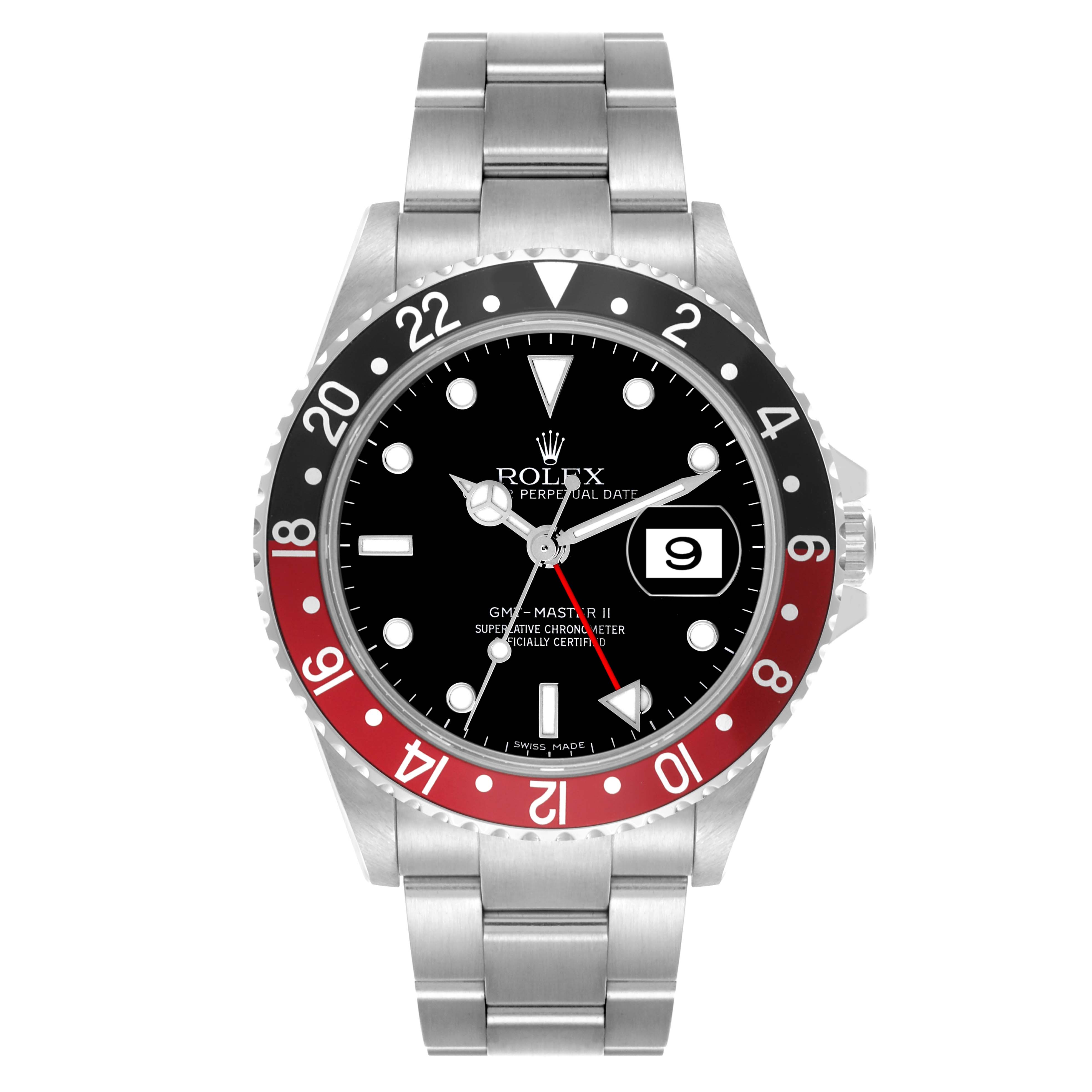The Rolex GMT-Master 16710 Men's Stainless Steel Black Dial 16710 Men's Stainless Steel Black Dial watch is shown from a front angle, displaying the bezel, dial, hands, date window, and bracelet.