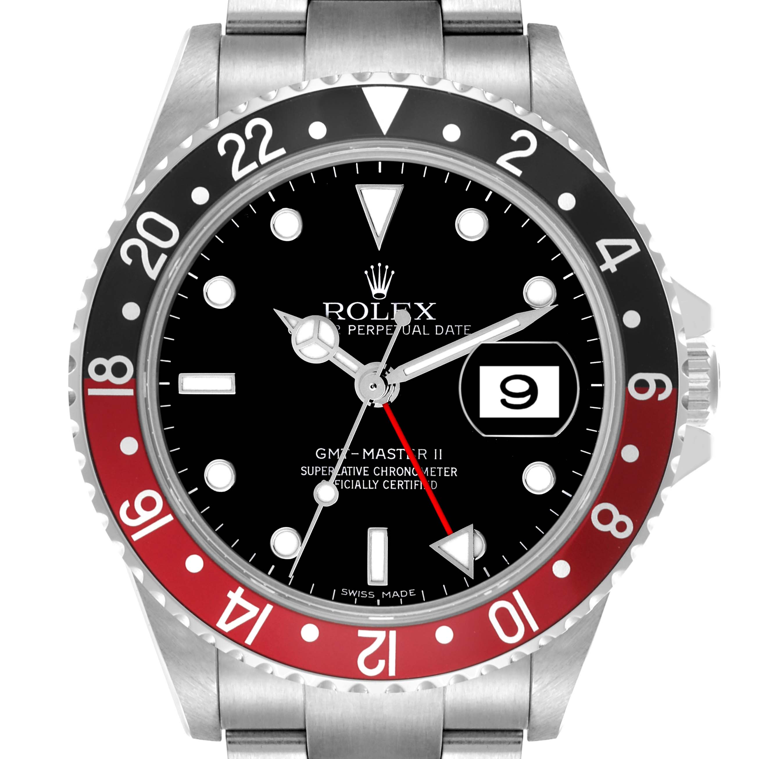The image shows a front view of the Rolex GMT-Master 16710 Men's Stainless Steel Black Dial 16710 Men's Stainless Steel Black Dial II watch, highlighting the bezel, dial, hands, and bracelet.