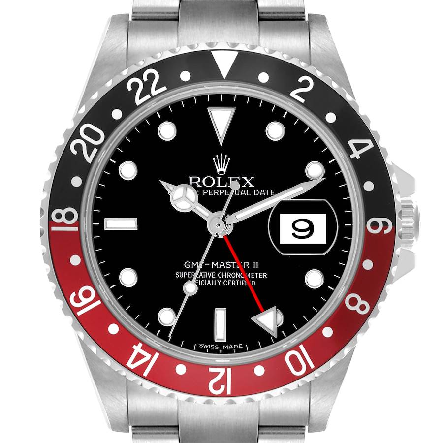 The image shows a front view of the Rolex GMT-Master II watch, highlighting the bezel, dial, hands, and bracelet.