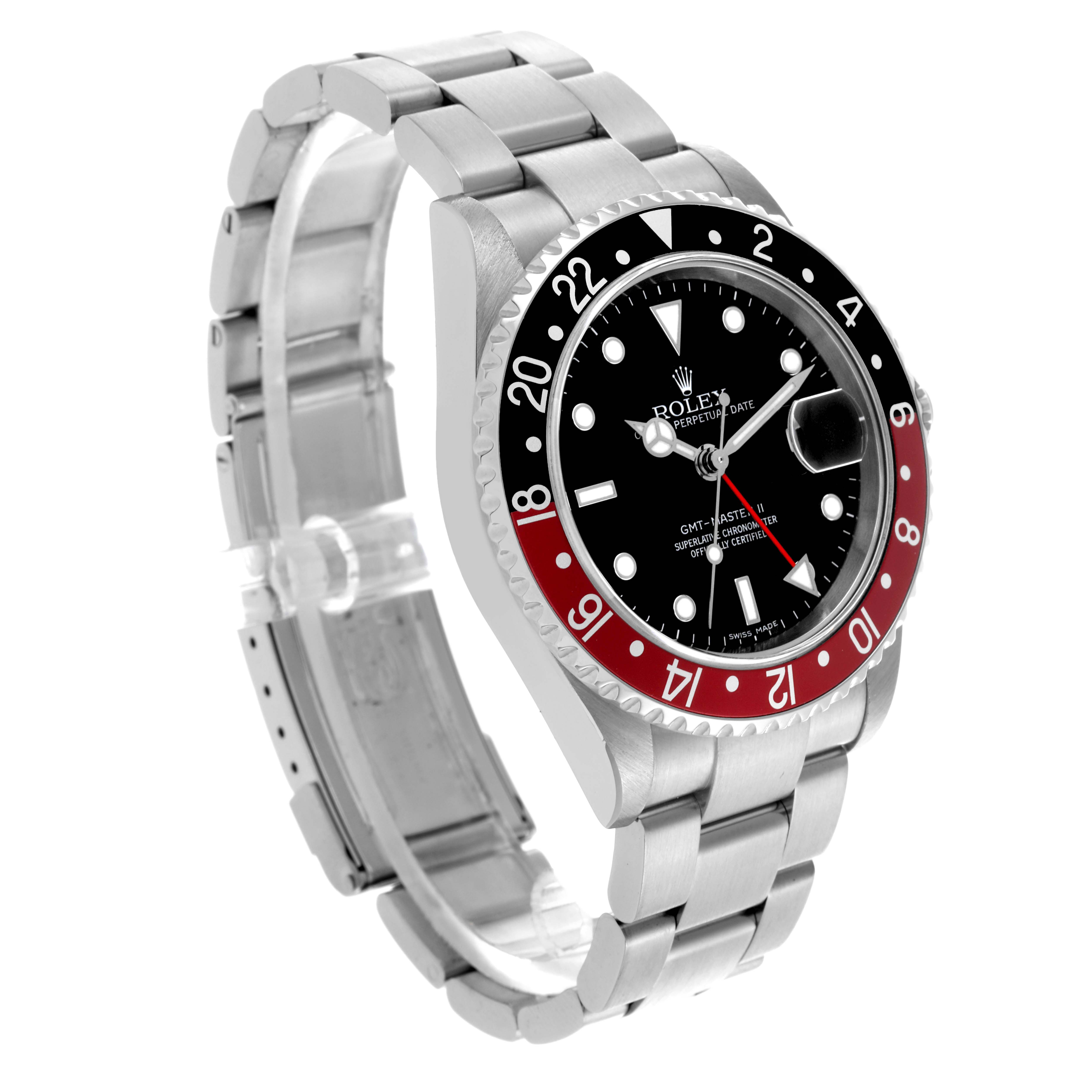 The Rolex GMT-Master 16710 Men's Stainless Steel Black Dial 16710 Men's Stainless Steel Black Dial watch is shown at a three-quarter angle, displaying the bezel, dial, and bracelet clearly.