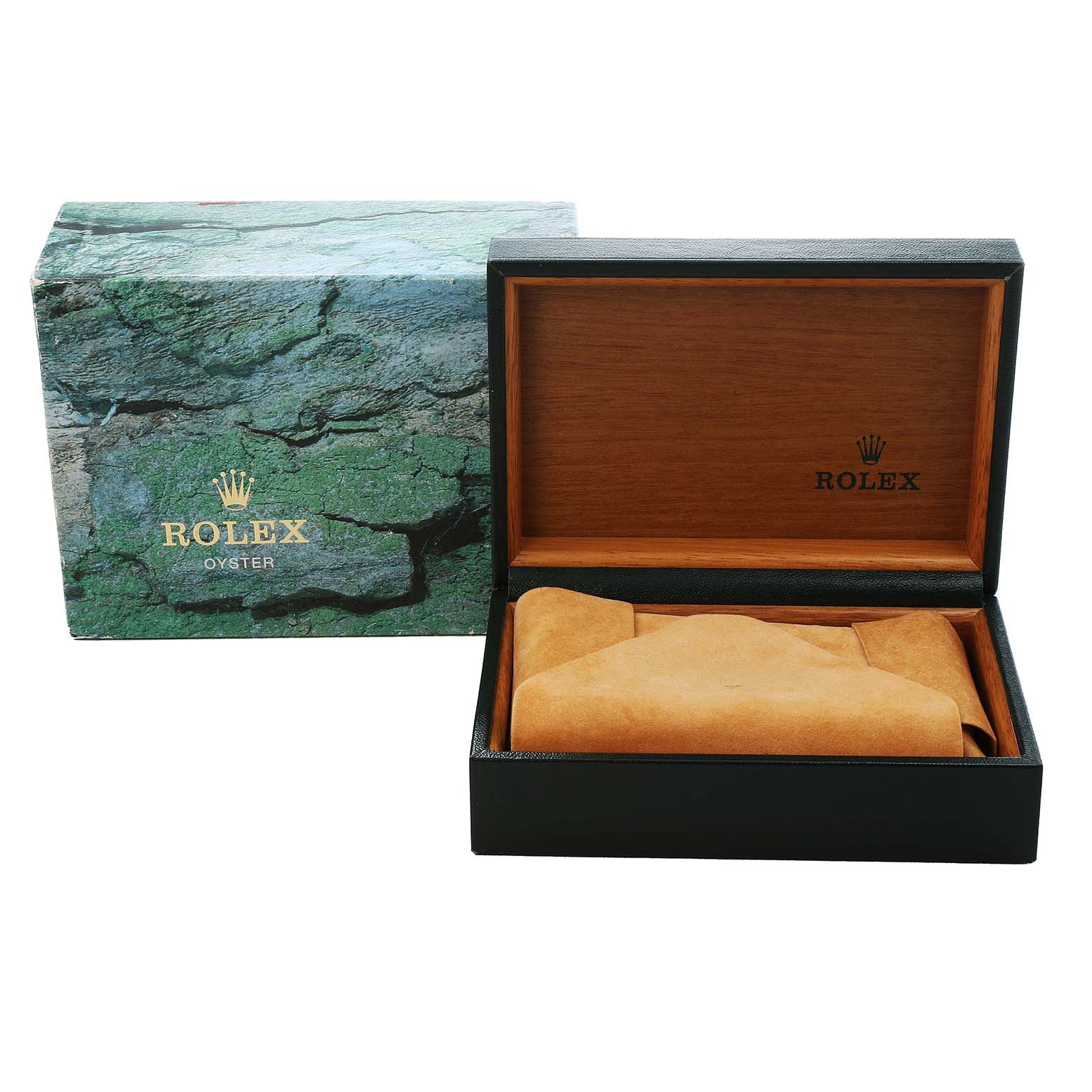 The image shows a Rolex GMT-Master 16710 Men's Stainless Steel Black Dial watch box, with an open wooden interior and a green textured outer box.