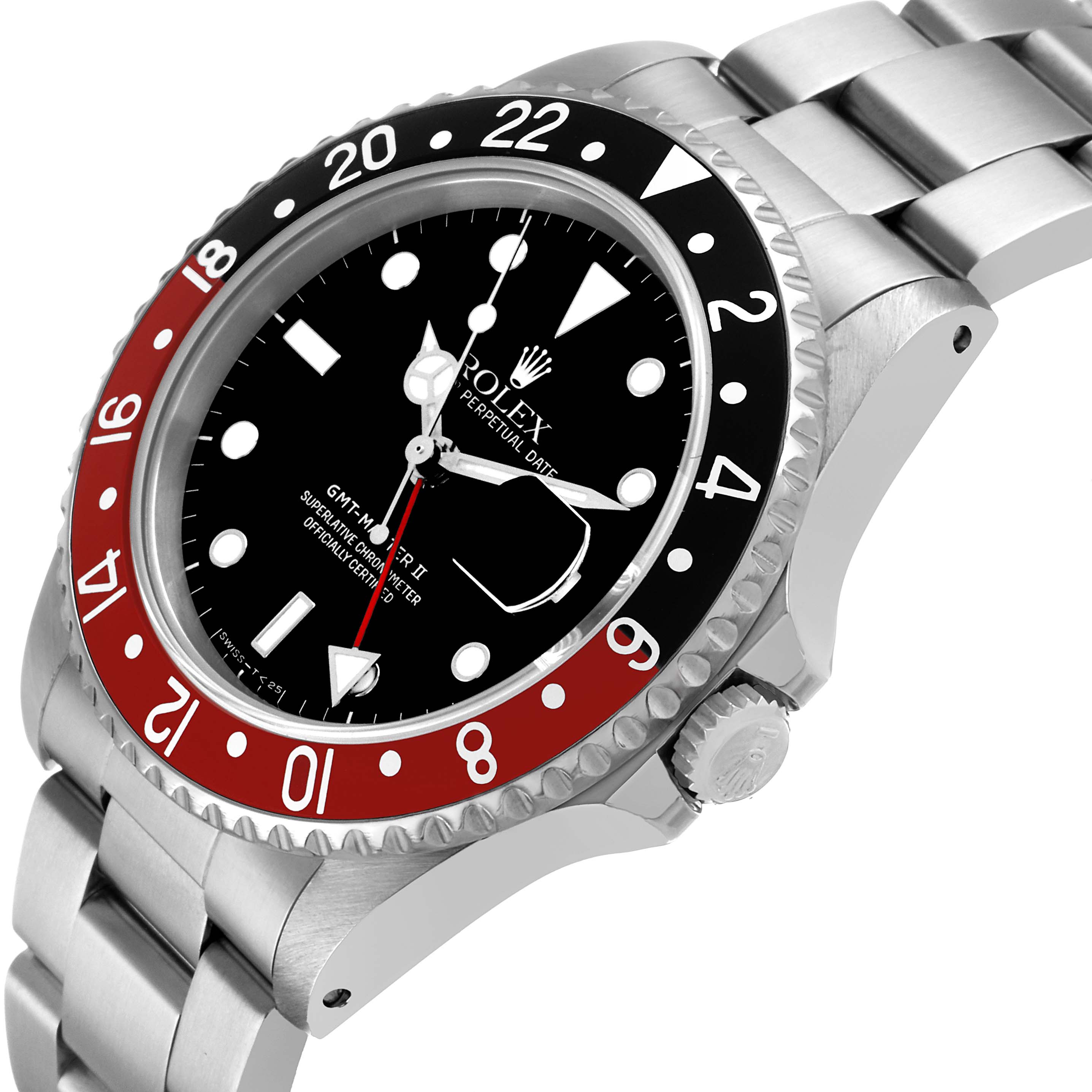 The Rolex GMT-Master 16710 Men's Stainless Steel Black Dial is shown at a slight side angle, highlighting the bezel, dial, crown, and bracelet.