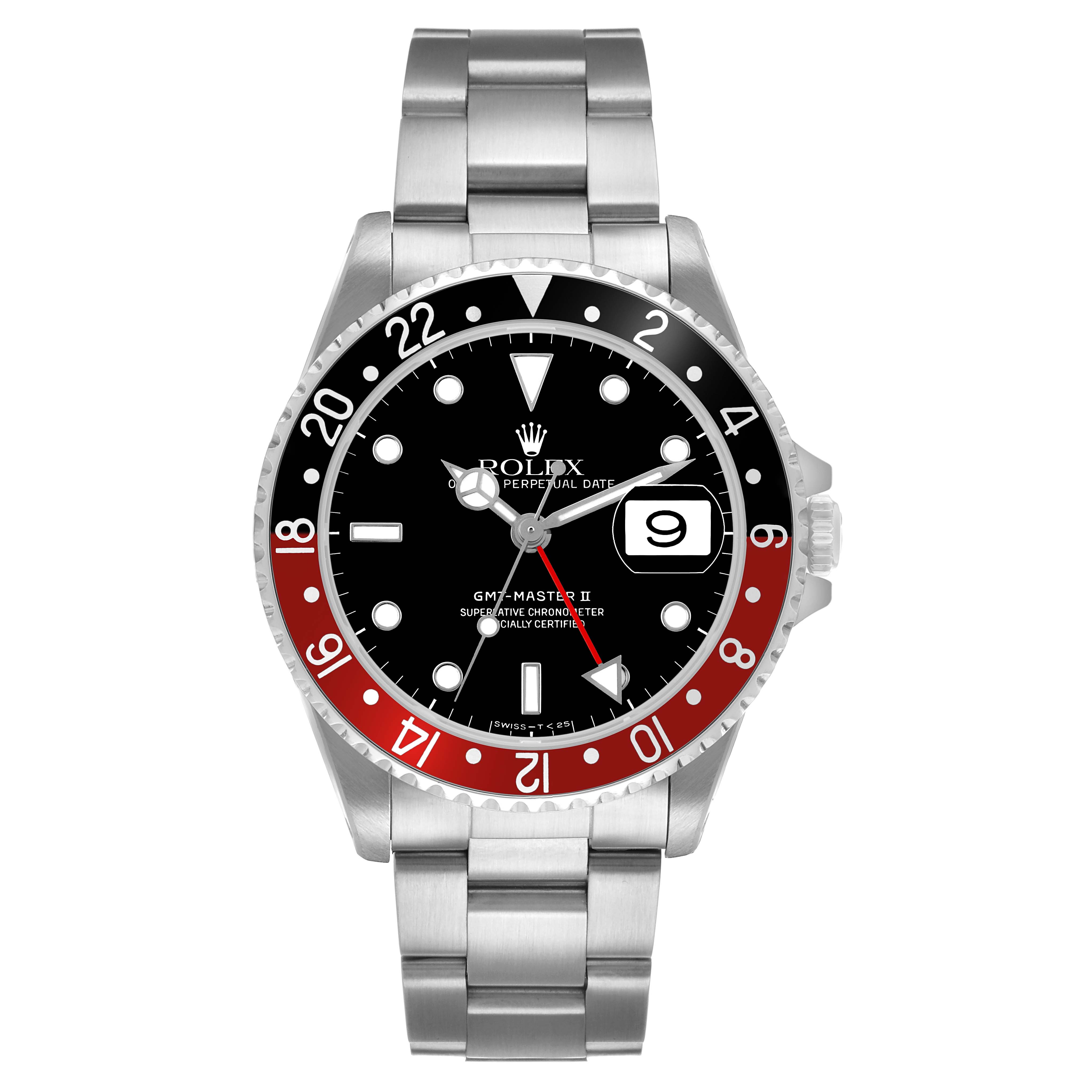 The Rolex GMT-Master 16710 Men's Stainless Steel Black Dial II is shown from the front, displaying the bezel, dial, hands, and bracelet.