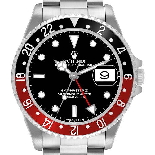 The Rolex GMT-Master 16710 Men's Stainless Steel Black Dial II watch is shown from the front, displaying its black and red bezel, face, and date window at 3 o'clock.