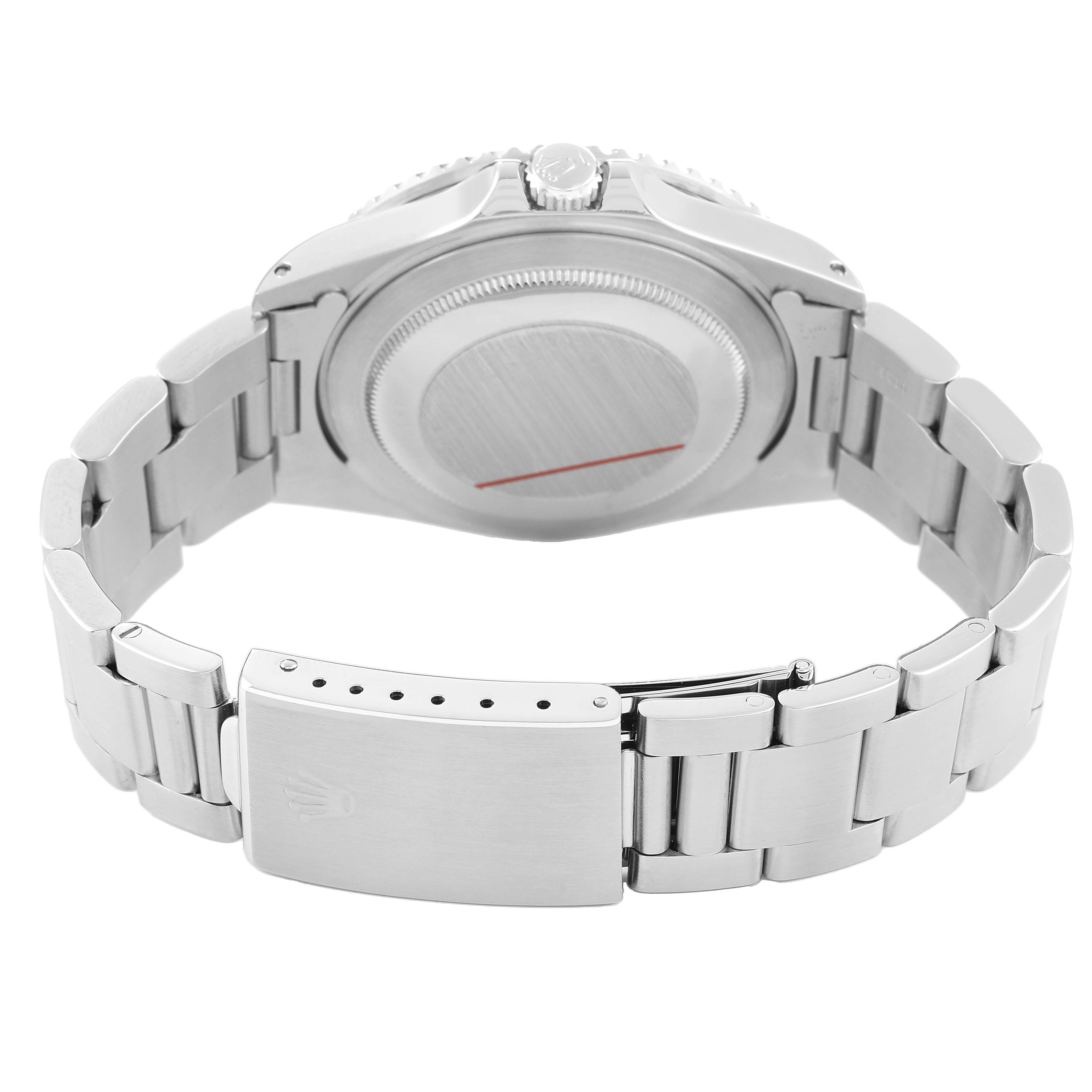 The image shows the back of a Rolex GMT-Master 16710 Men's Stainless Steel Black Dial watch, highlighting the clasp, bracelet, and case back.