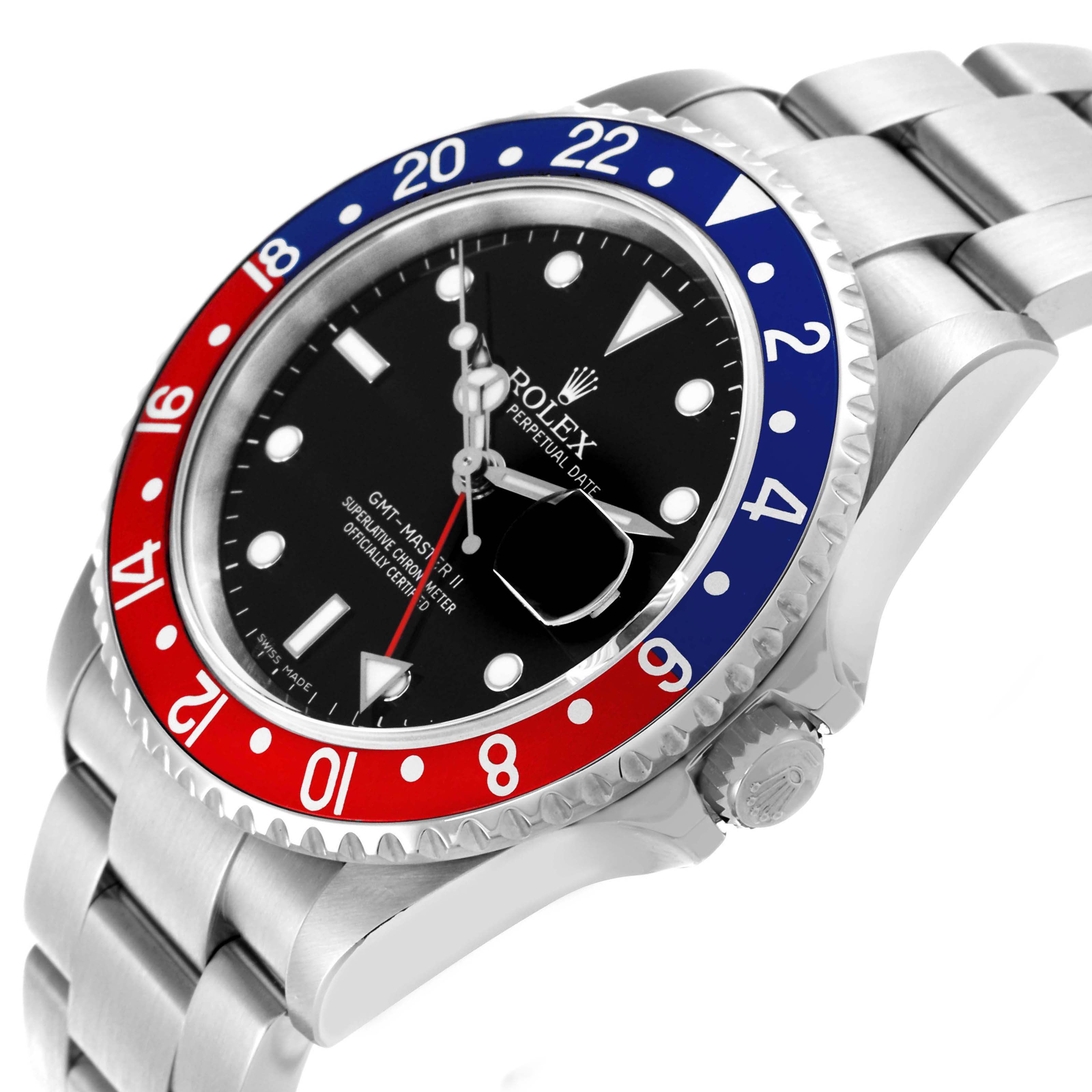 The Rolex GMT-Master 16710T Men
s Stainless Steel Black Dial 16710T Men
s Stainless Steel Black Dial watch is shown at an angled side view, displaying the bezel, crown, and bracelet.