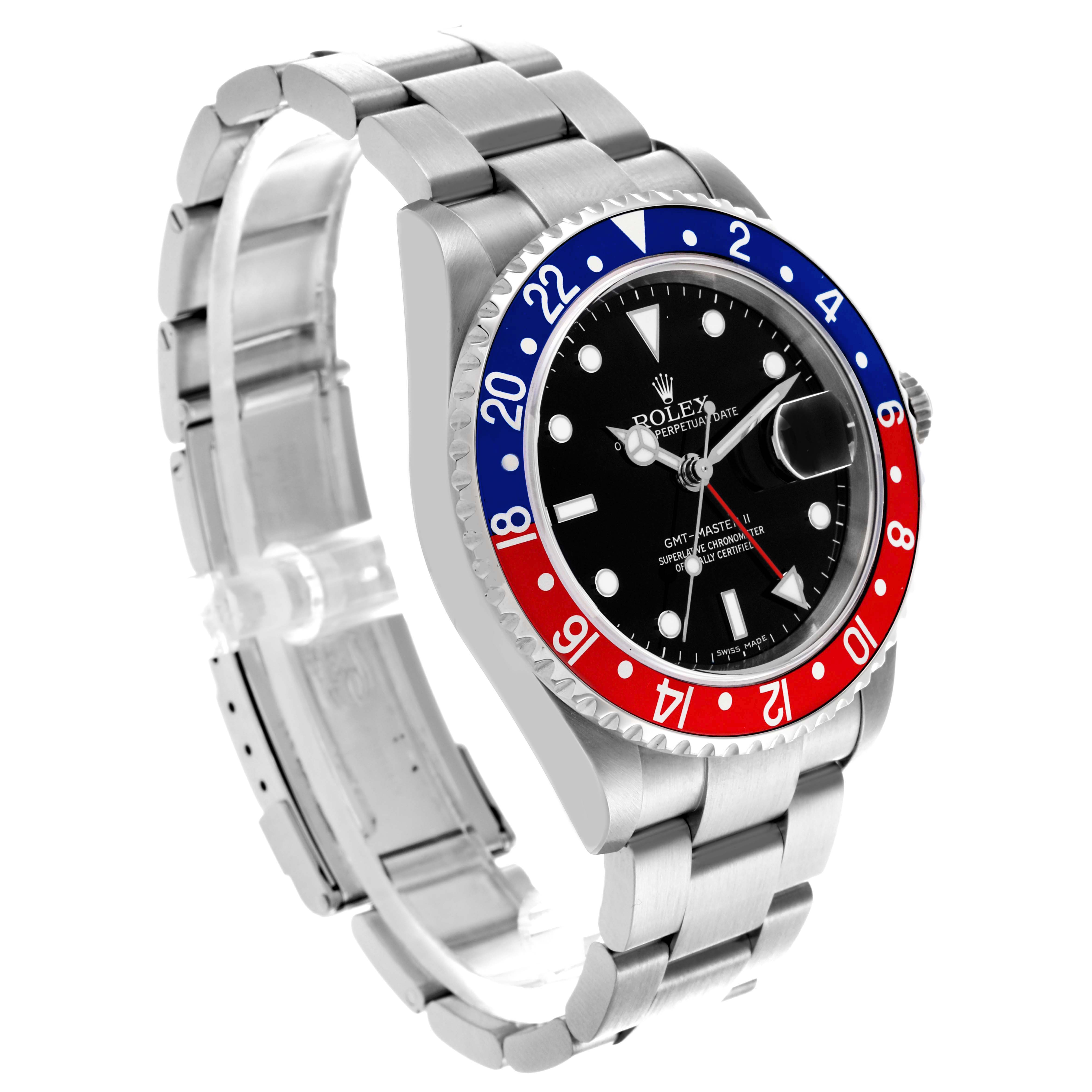 The Rolex GMT-Master 16710T Men
s Stainless Steel Black Dial 16710T Men
s Stainless Steel Black Dial watch is shown at an angle displaying the face, bezel, and bracelet clearly.