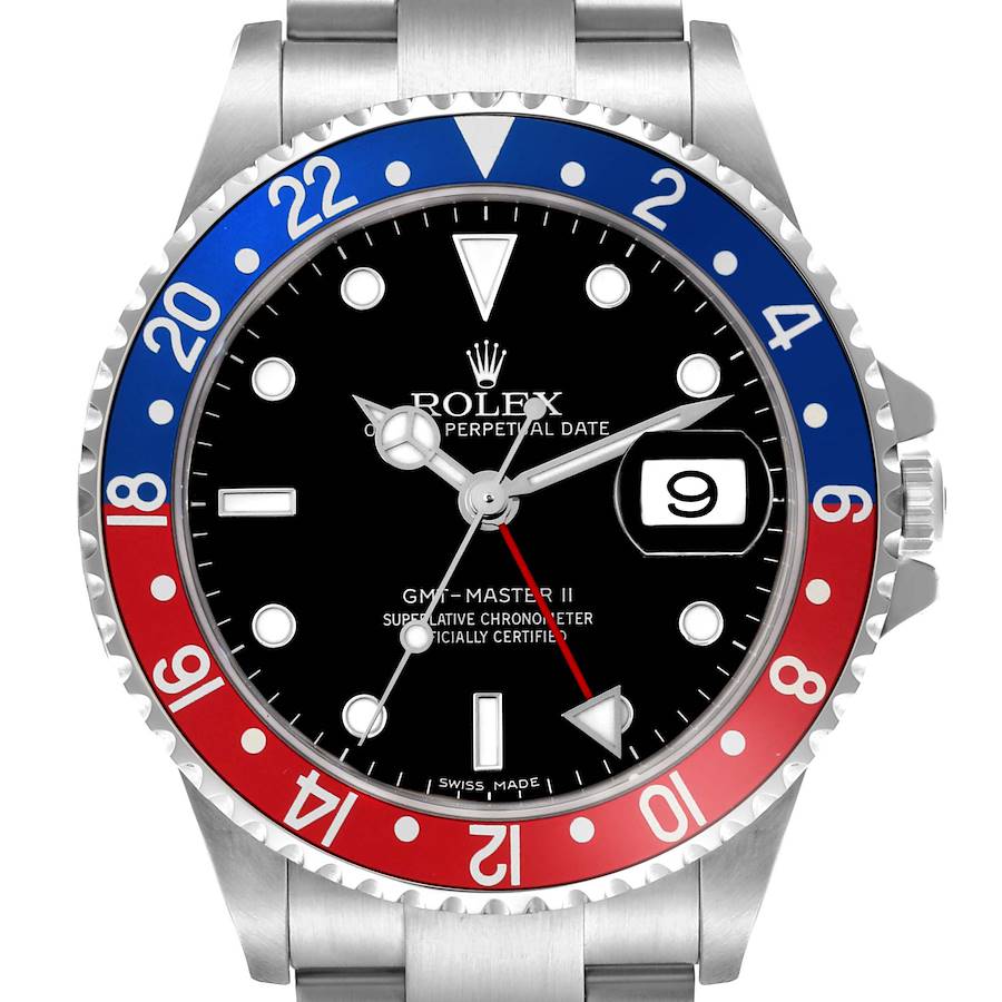 The Rolex GMT-Master watch is shown from a front angle, displaying the bezel, dial, hands, and date window.