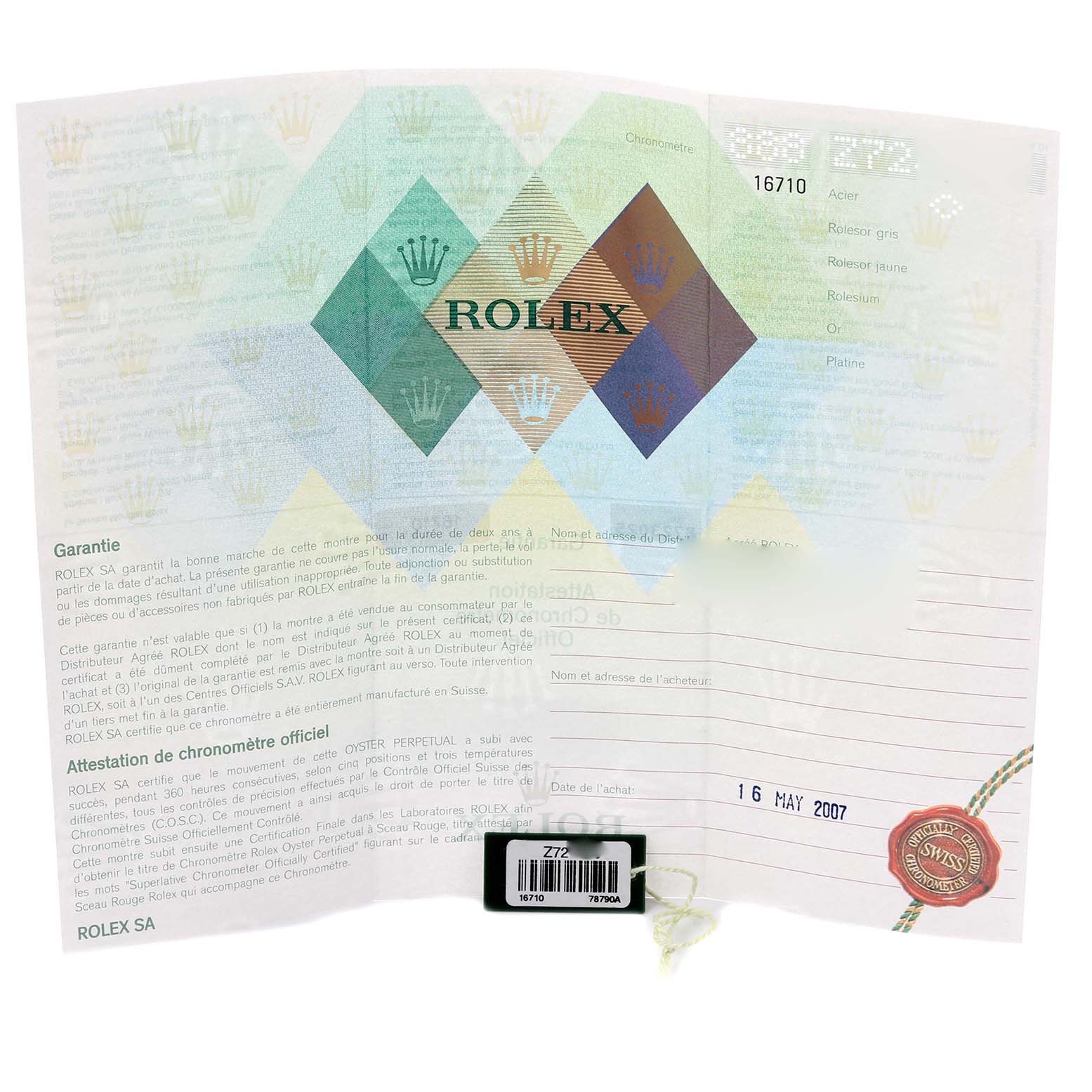 The image shows a Rolex GMT-Master 16710T Men
s Stainless Steel Black Dial 16710T Men
s Stainless Steel Black Dial warranty card with details and a date stamp.