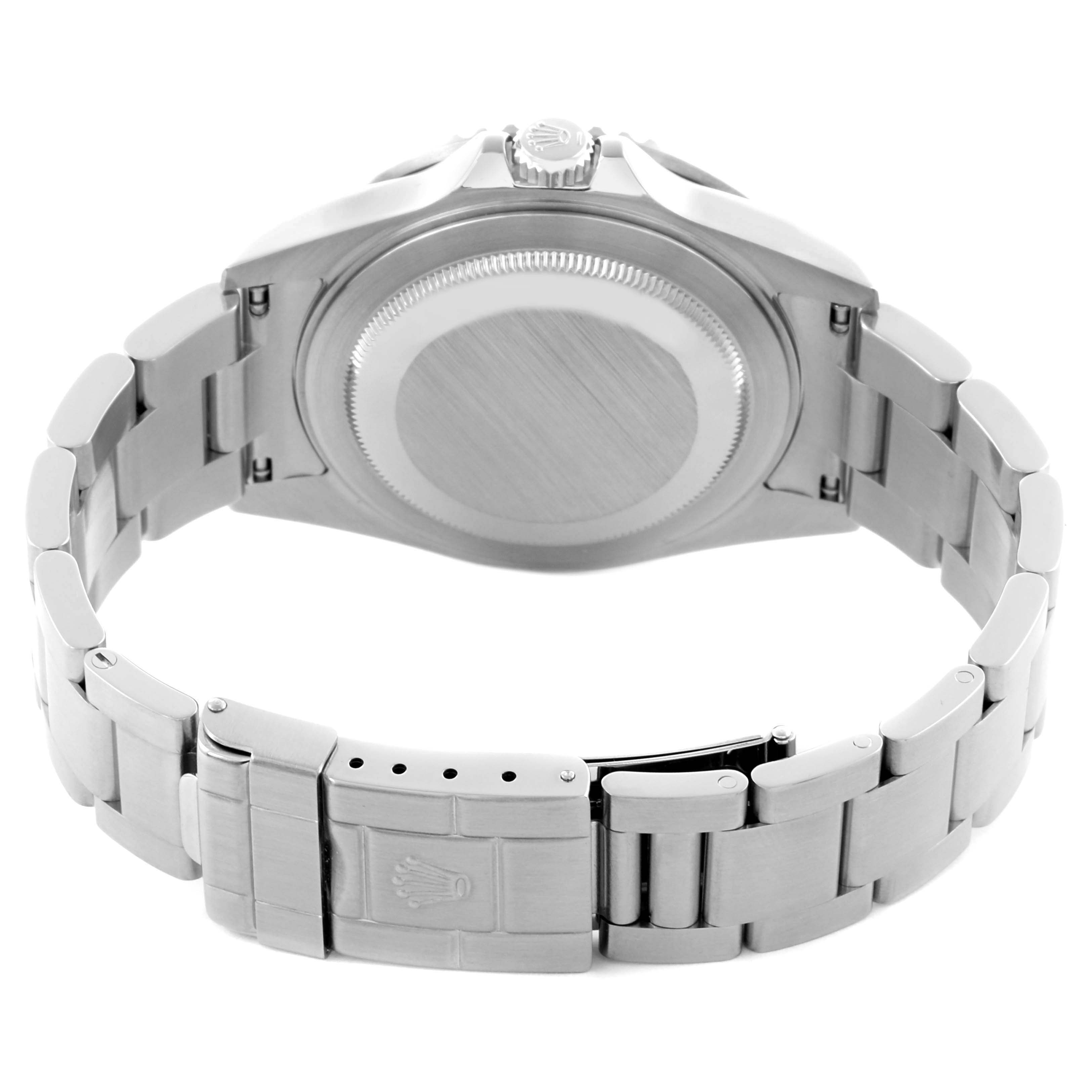 The image shows the back view of a Rolex GMT-Master 16710T Men
s Stainless Steel Black Dial 16710T Men
s Stainless Steel Black Dial, featuring its case back and metal bracelet with a clasp.