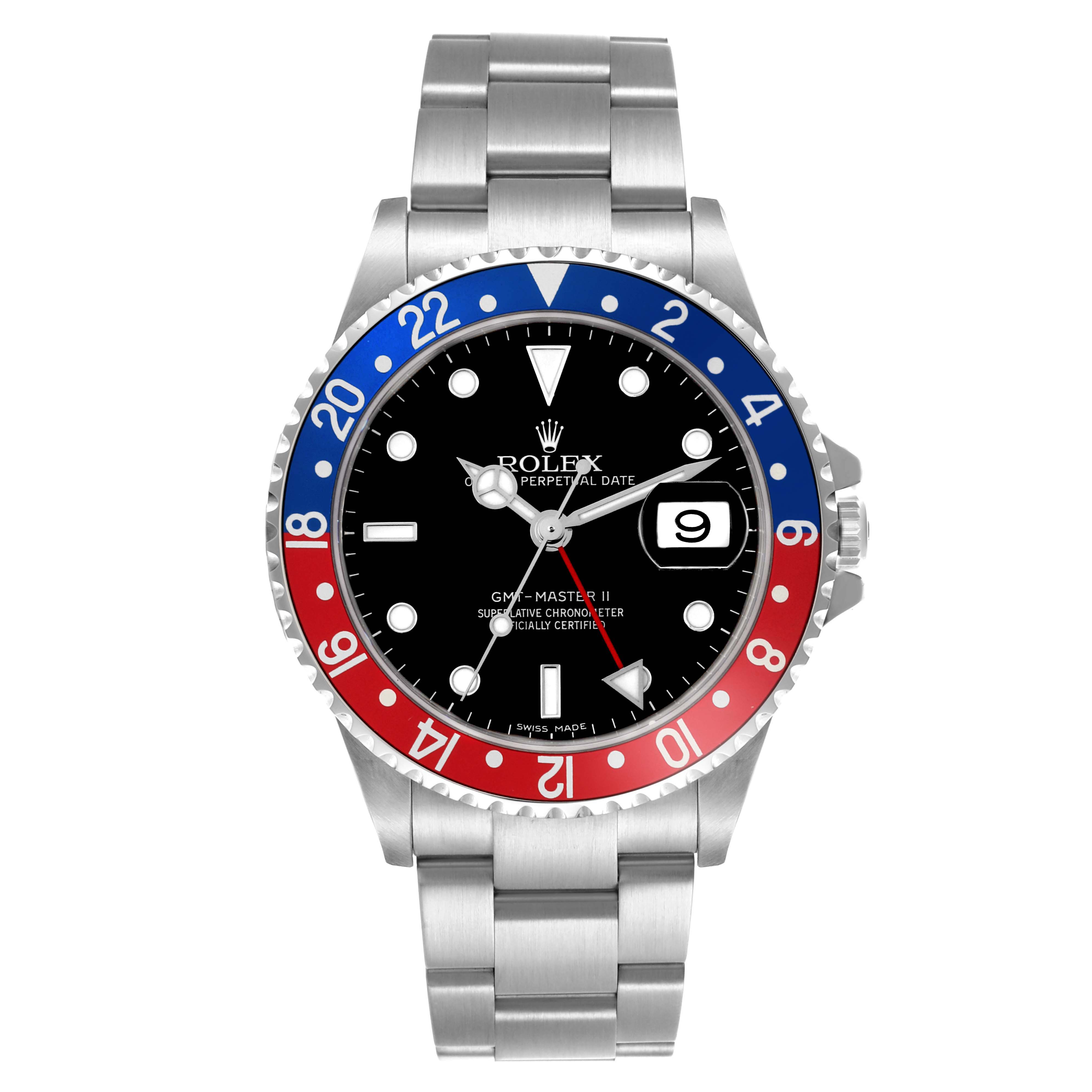 The image shows a front view of a Rolex GMT-Master 16710T Men
s Stainless Steel Black Dial 16710T Men
s Stainless Steel Black Dial II watch, highlighting the bezel, dial, and bracelet.