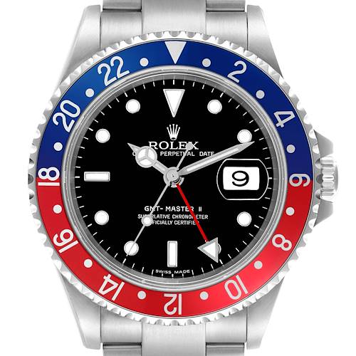 The image shows a front view of a Rolex GMT-Master II, featuring a red and blue bezel, black dial, and date display.