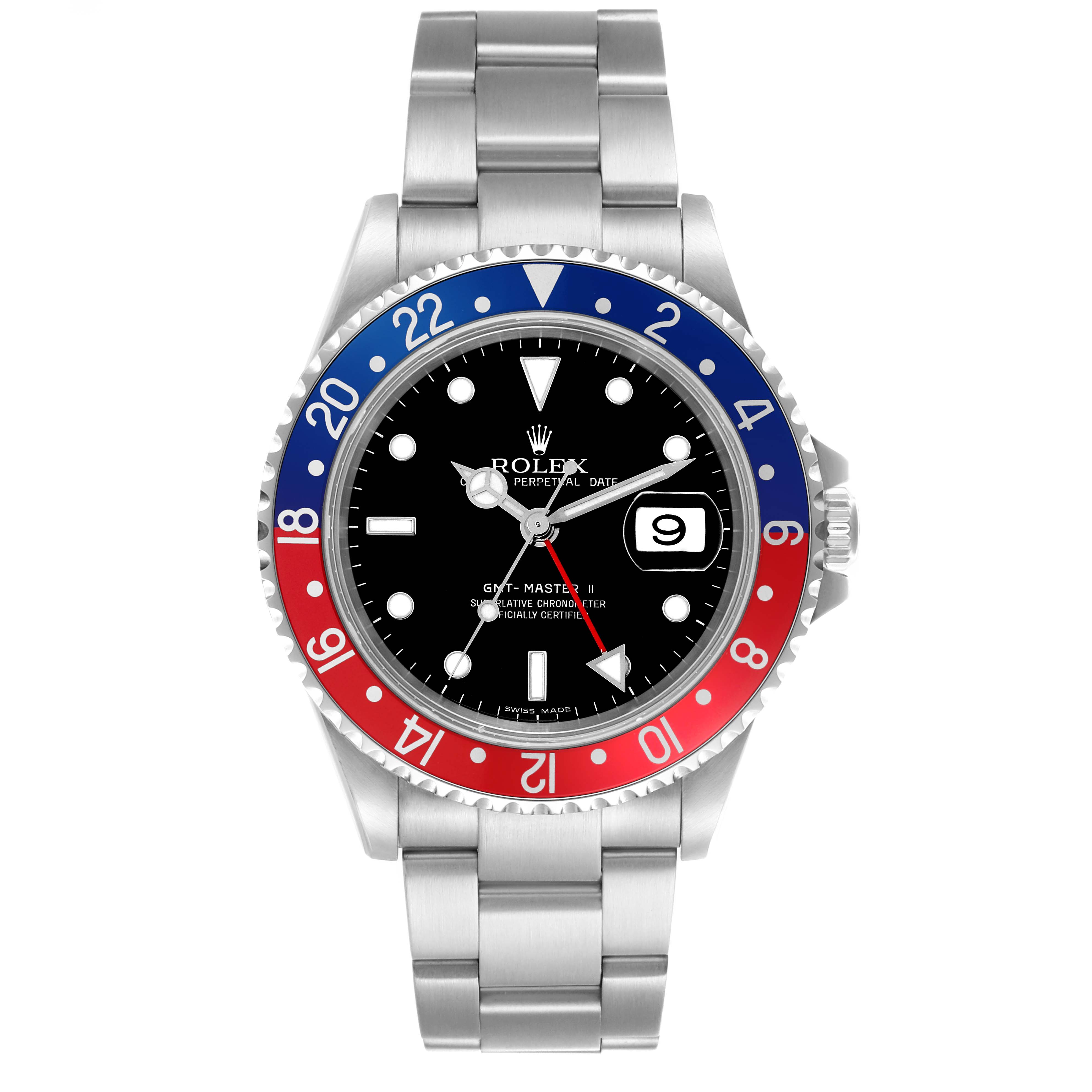 The Rolex GMT-Master 16710T Men
s Stainless Steel Black Dial 16710T Men
s Stainless Steel Black Dial watch is shown from the front, displaying the bezel, dial, hands, and metal bracelet.