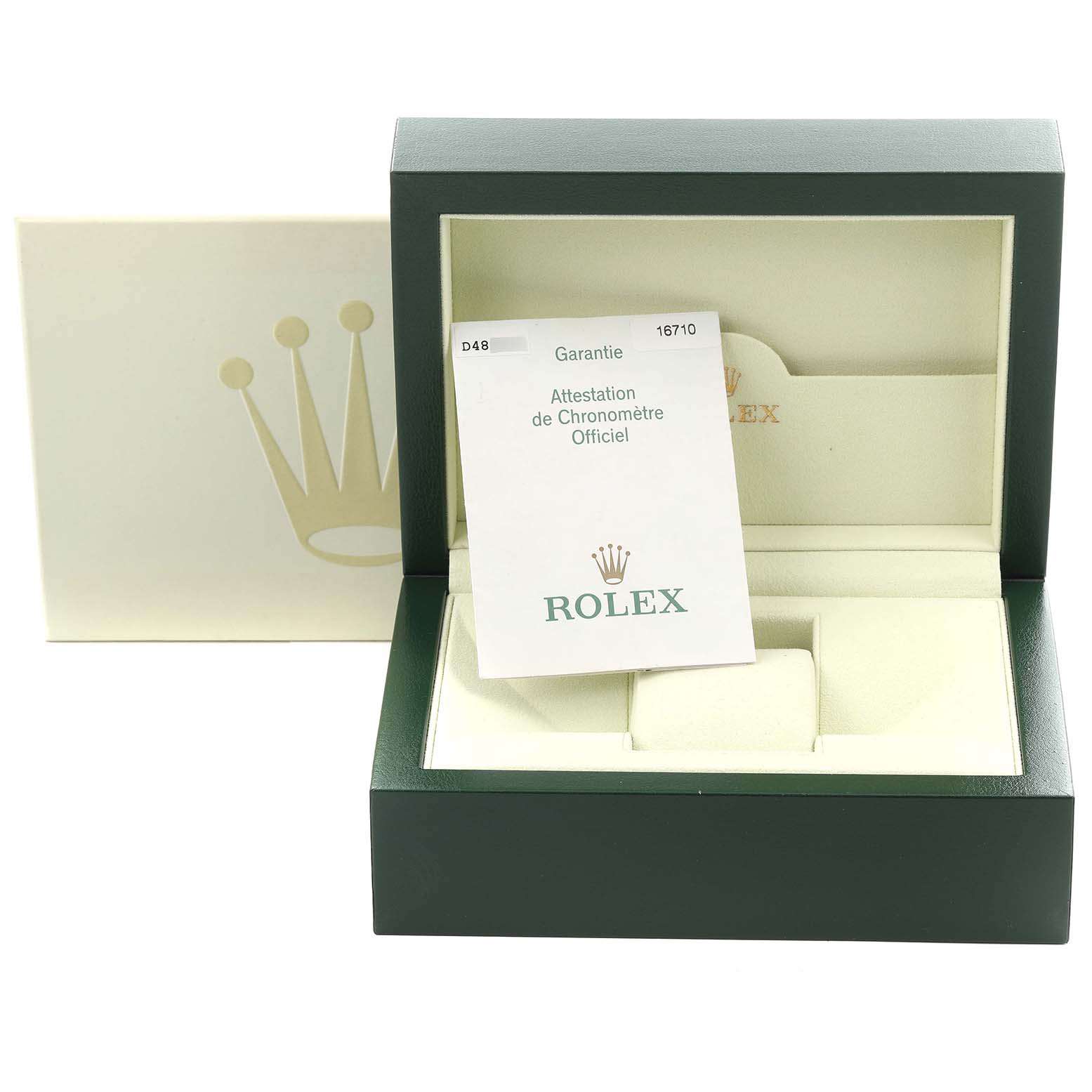 The image shows an open Rolex GMT-Master 16710T Men
s Stainless Steel Black Dial 16710T Men
s Stainless Steel Black Dial watch box with a warranty card inside, viewed from the front.