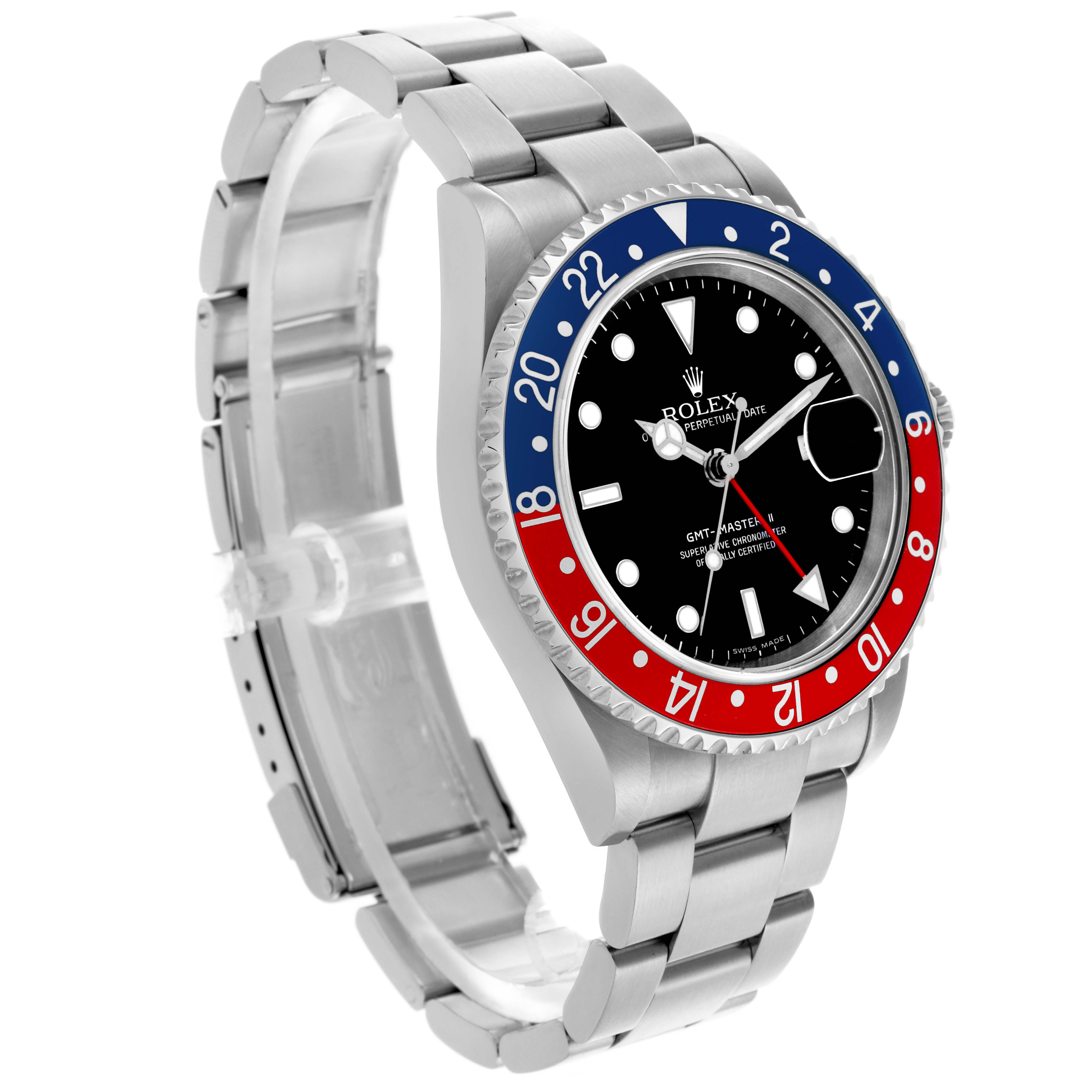 The image shows a Rolex GMT-Master 16710T Men
s Stainless Steel Black Dial 16710T Men
s Stainless Steel Black Dial watch at a slightly angled side view, displaying the bezel, dial, and bracelet.