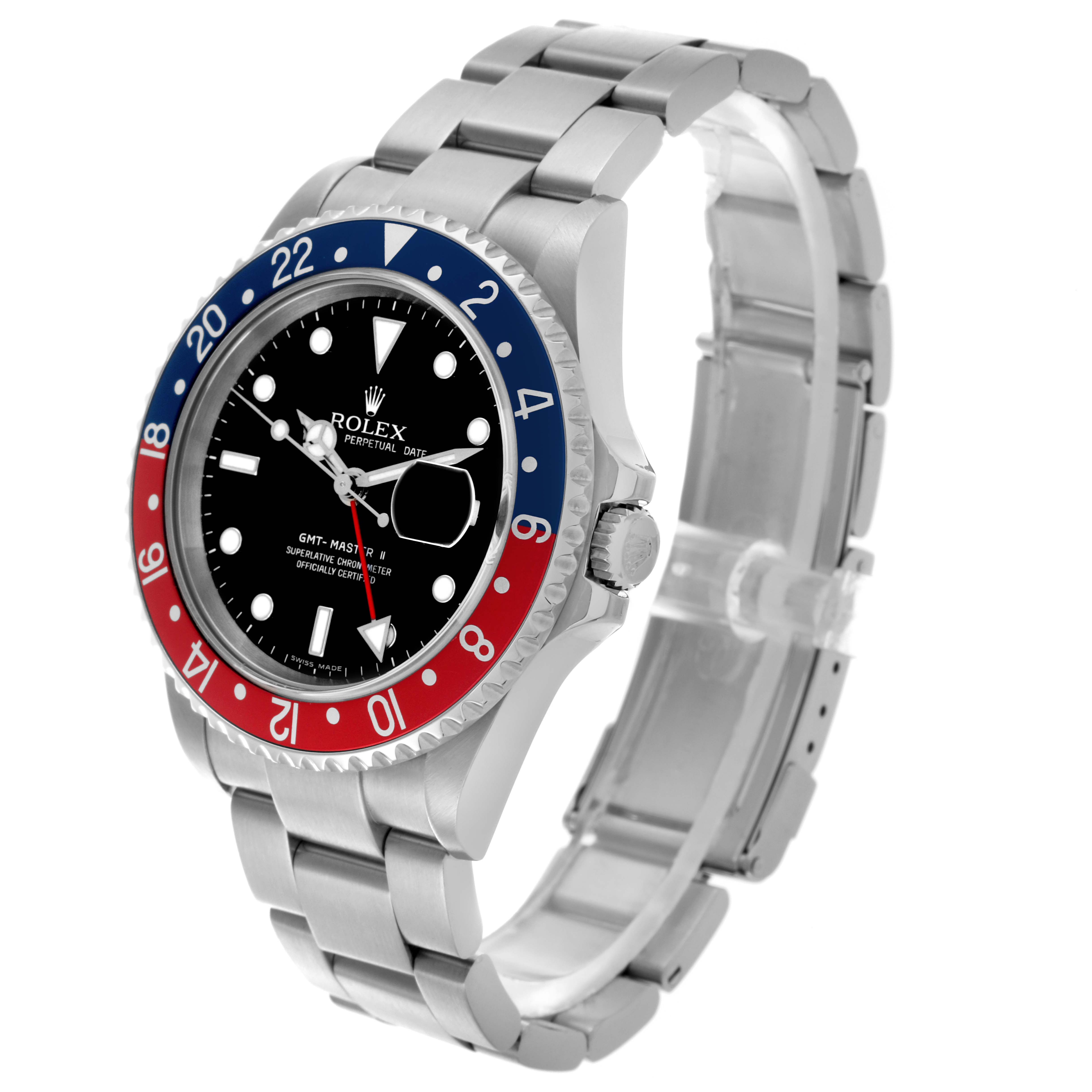 The Rolex GMT-Master 16710T Men
s Stainless Steel Black Dial 16710T Men
s Stainless Steel Black Dial watch is shown at a three-quarter angle, highlighting the bezel, dial, bracelet, and crown.