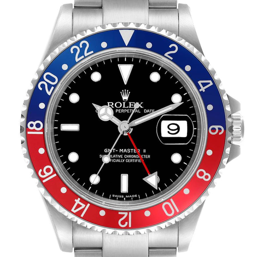 The image shows a front view of the Rolex GMT-Master II, including its bezel, dial, and part of the bracelet.