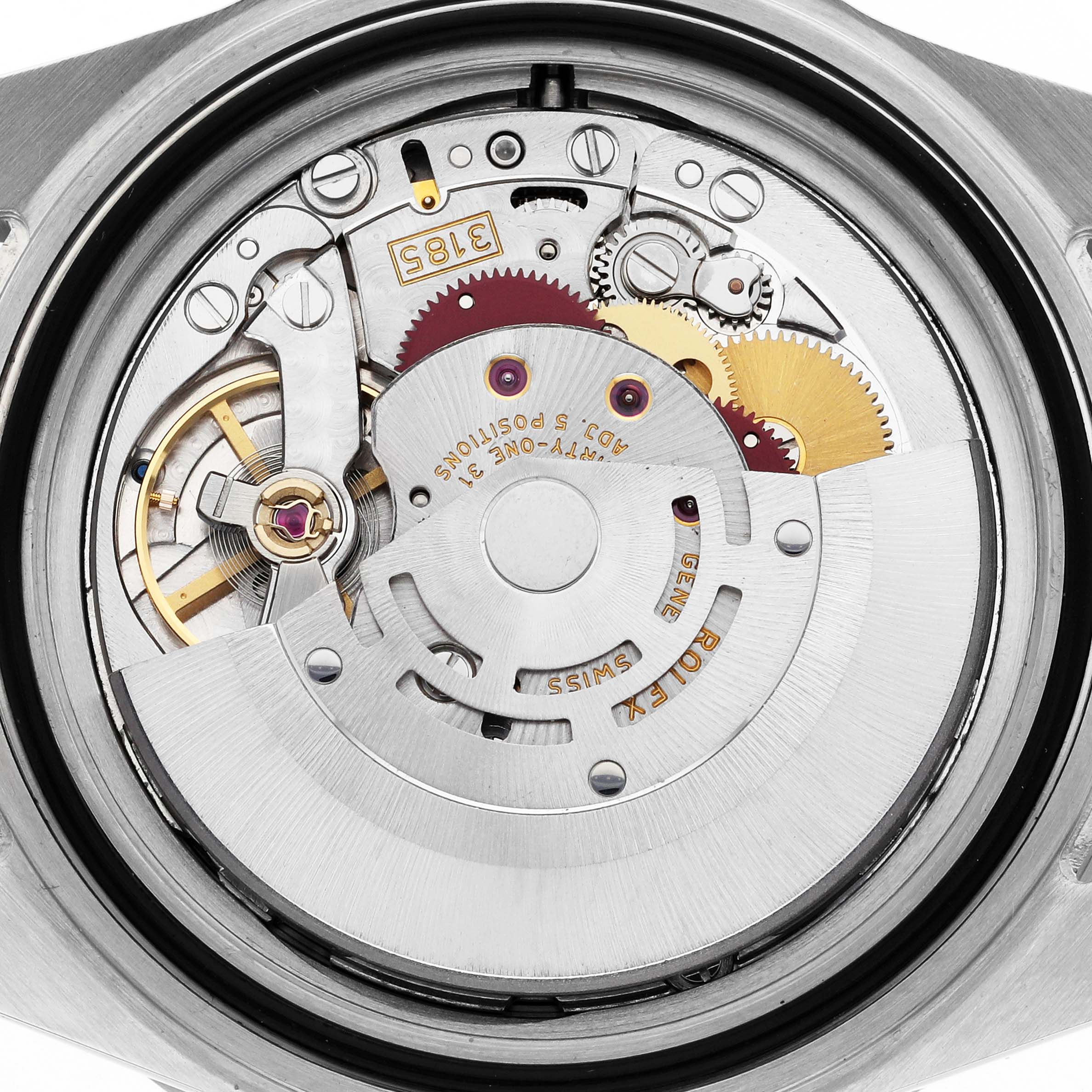 The image shows the movement mechanism of a Rolex GMT-Master 16710T Men
s Stainless Steel Black Dial 16710T Men
s Stainless Steel Black Dial watch from a top-down angle.